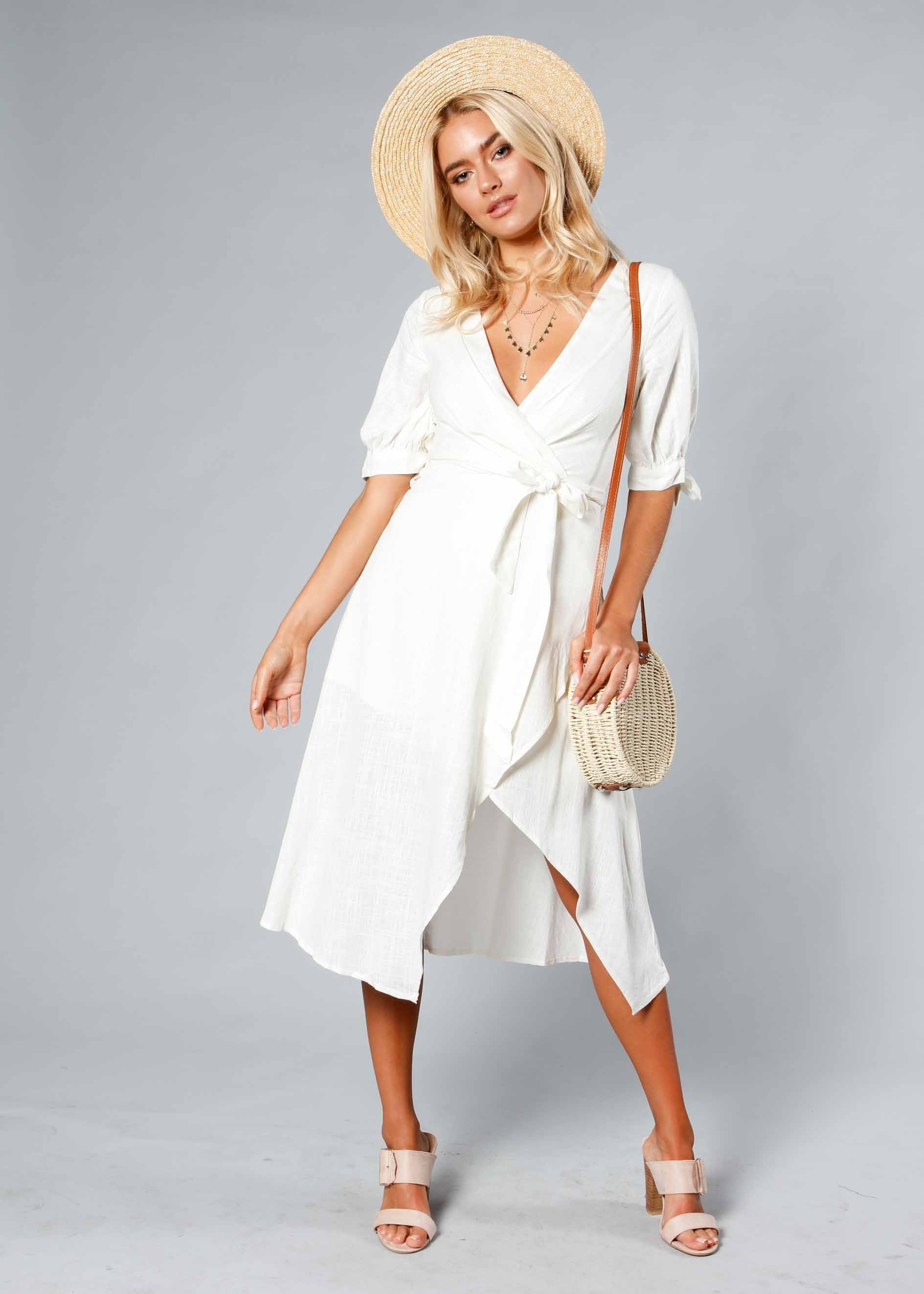 Voyage Linen Midi Dress w/ Tie - White