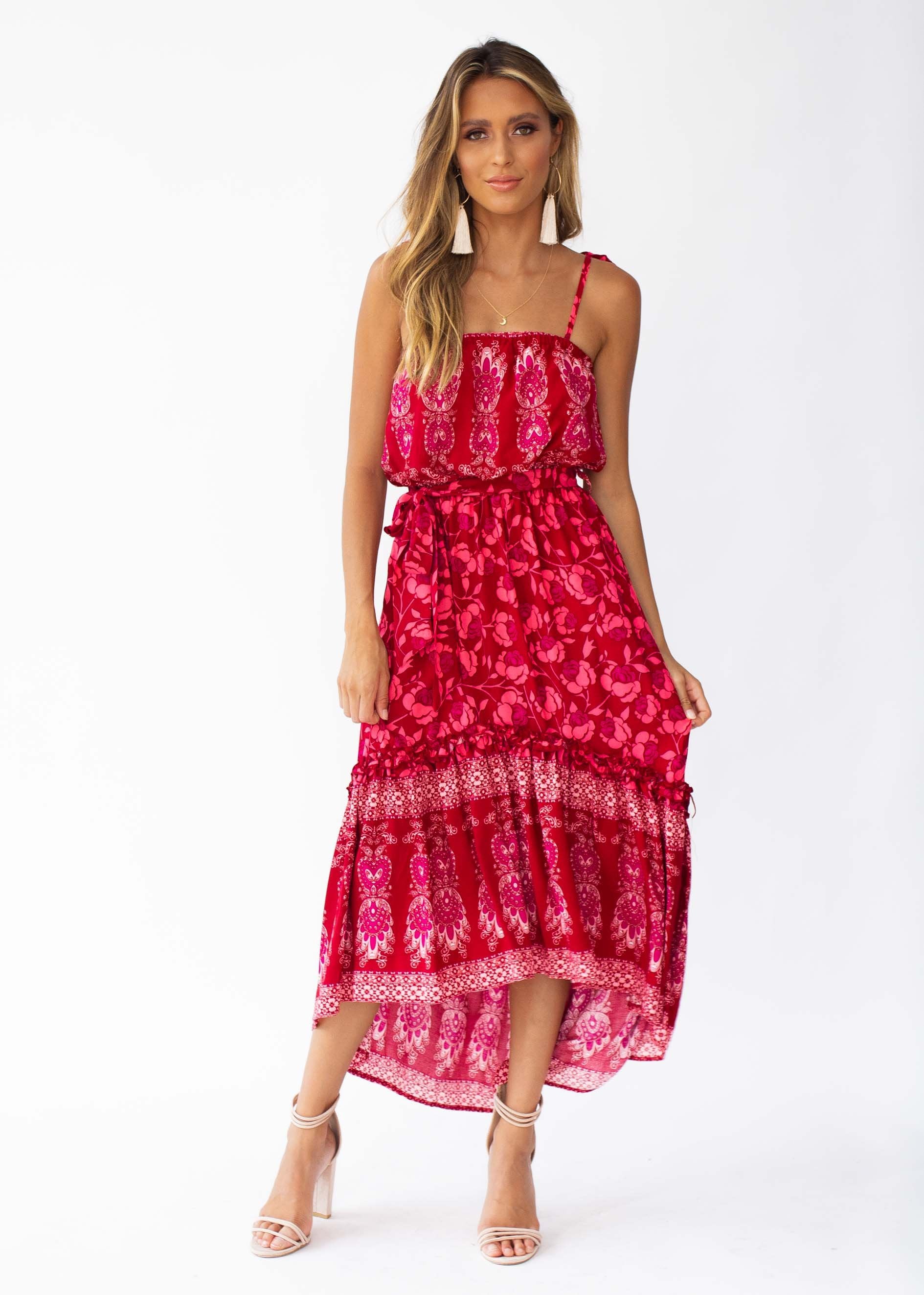Nathalia Hi-Lo Midi Dress - Crimson Floral