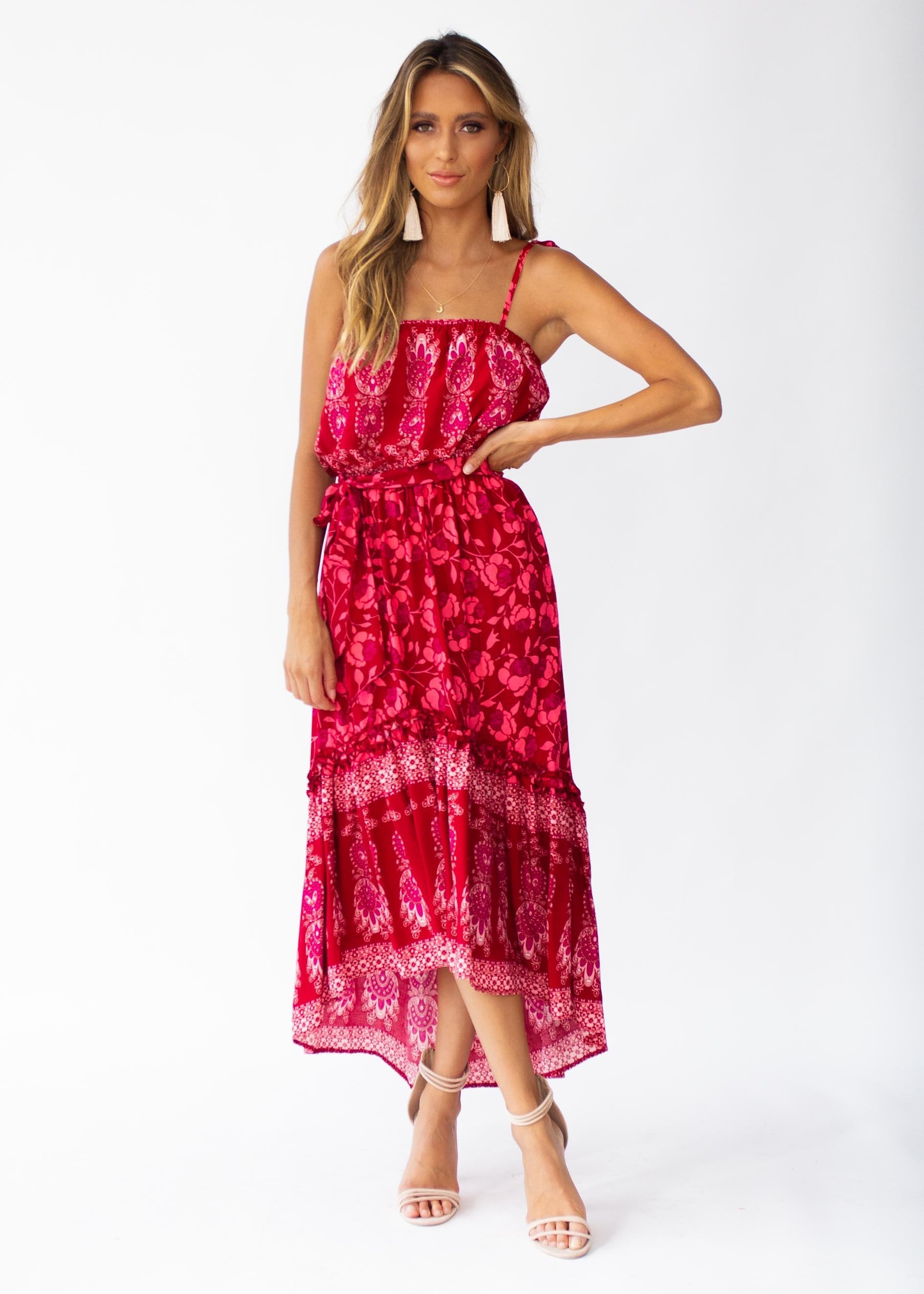 Nathalia Hi-Lo Midi Dress - Crimson Floral