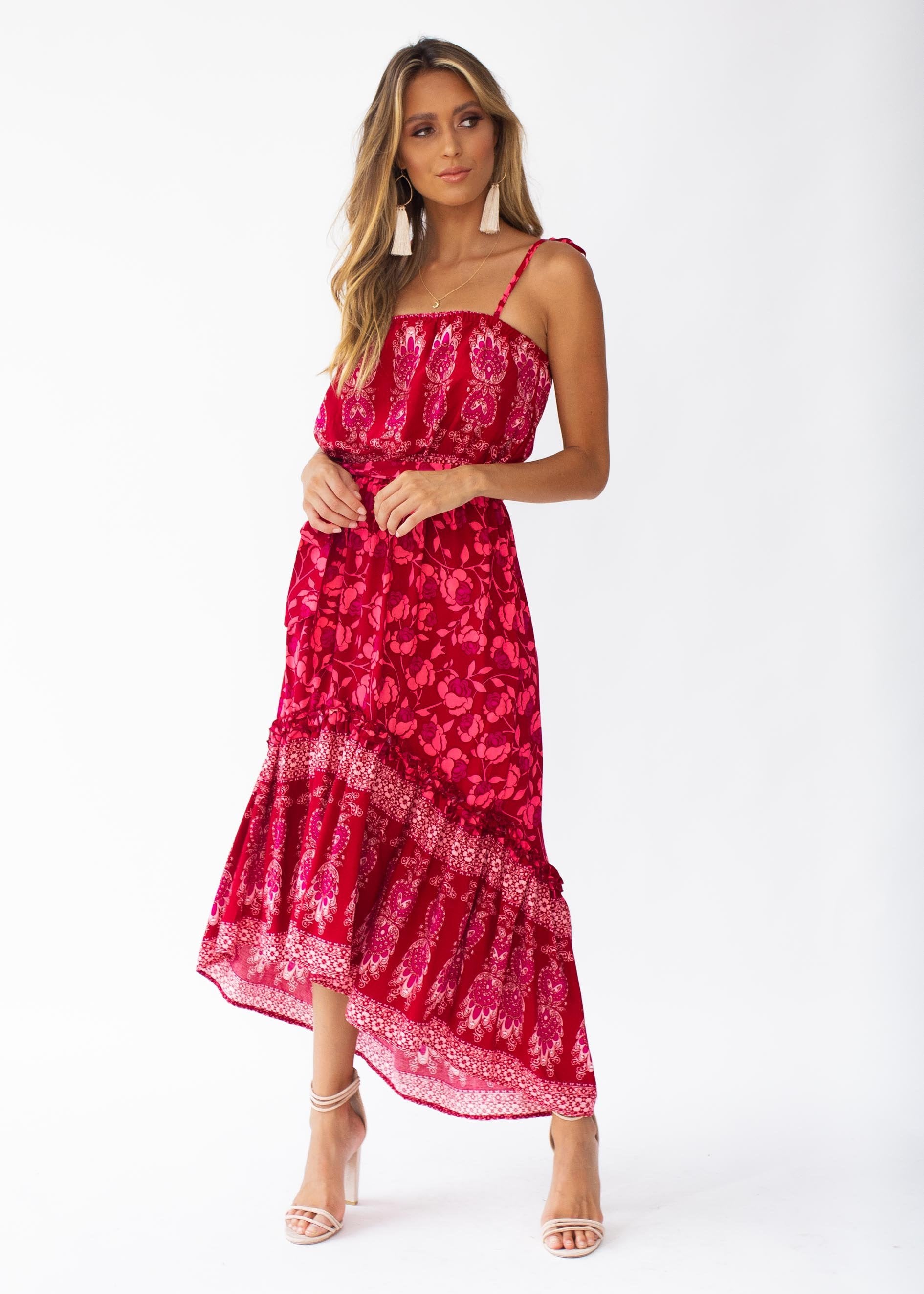 Nathalia Hi-Lo Midi Dress - Crimson Floral