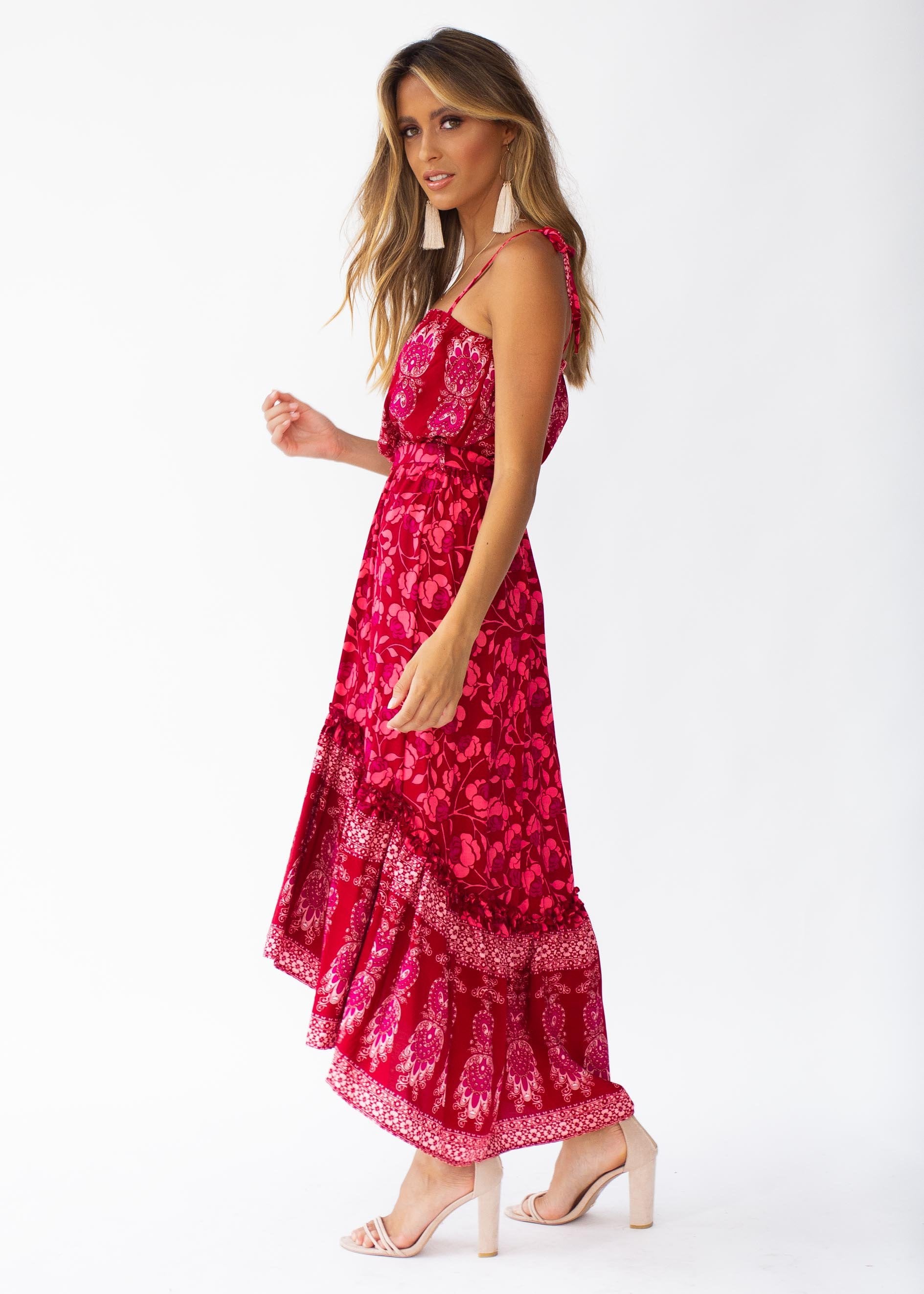 Nathalia Hi-Lo Midi Dress - Crimson Floral