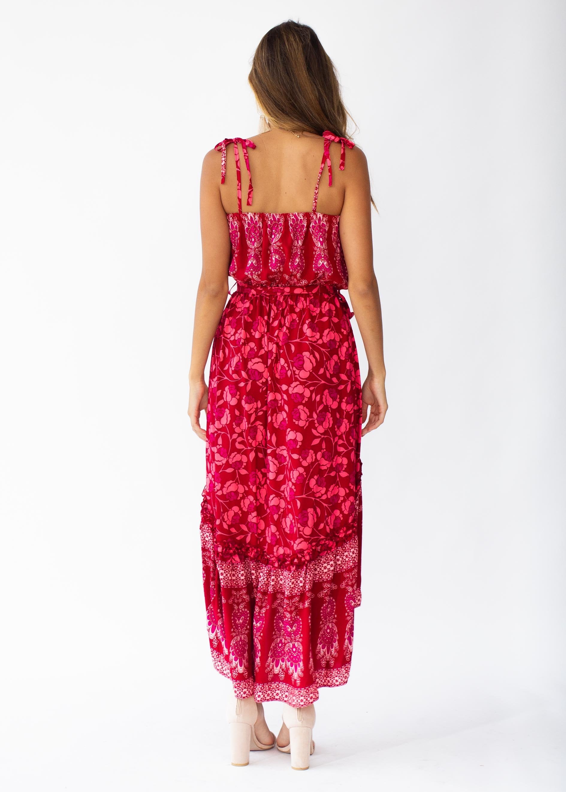 Nathalia Hi-Lo Midi Dress - Crimson Floral