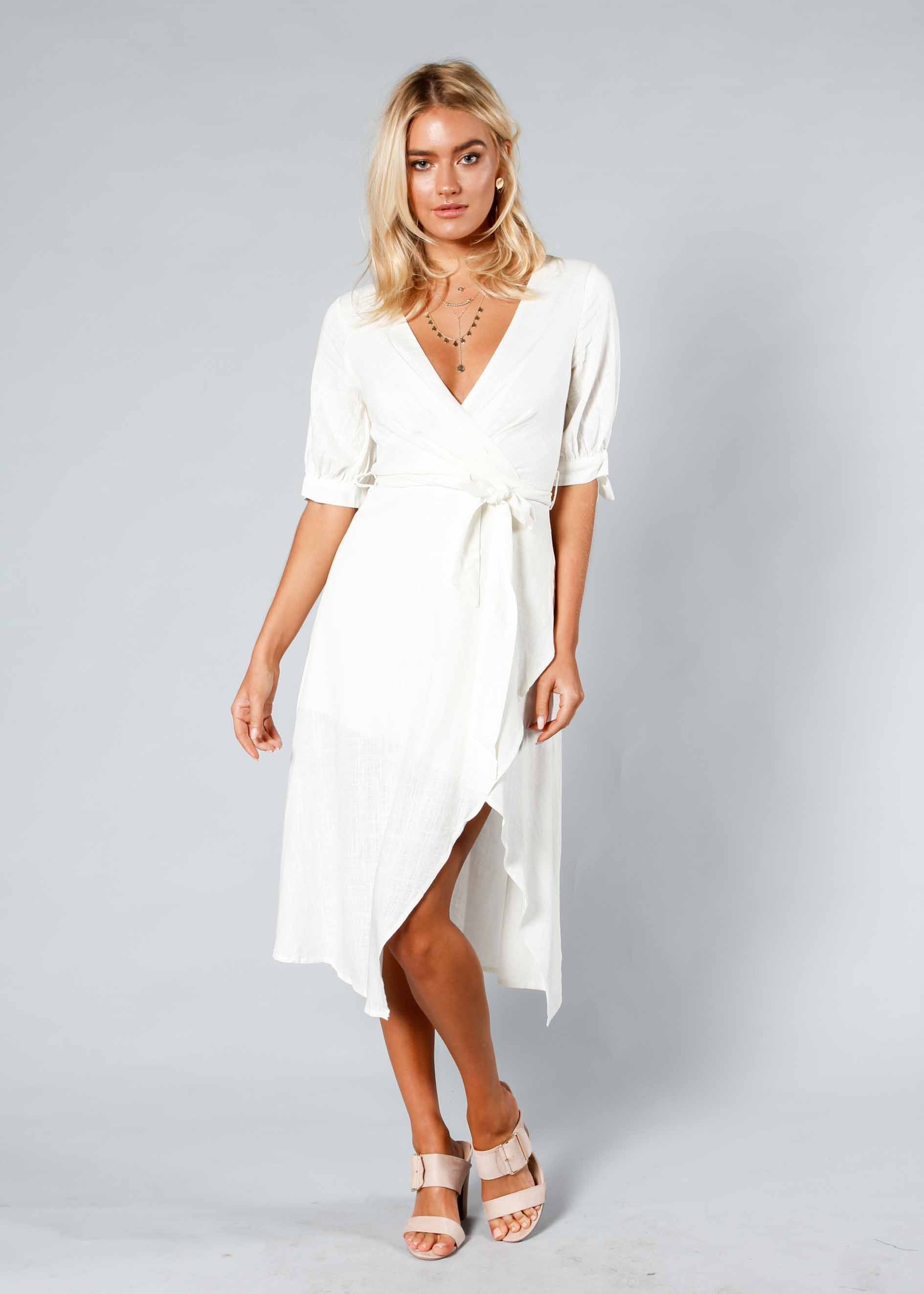 Voyage Linen Midi Dress w/ Tie - White
