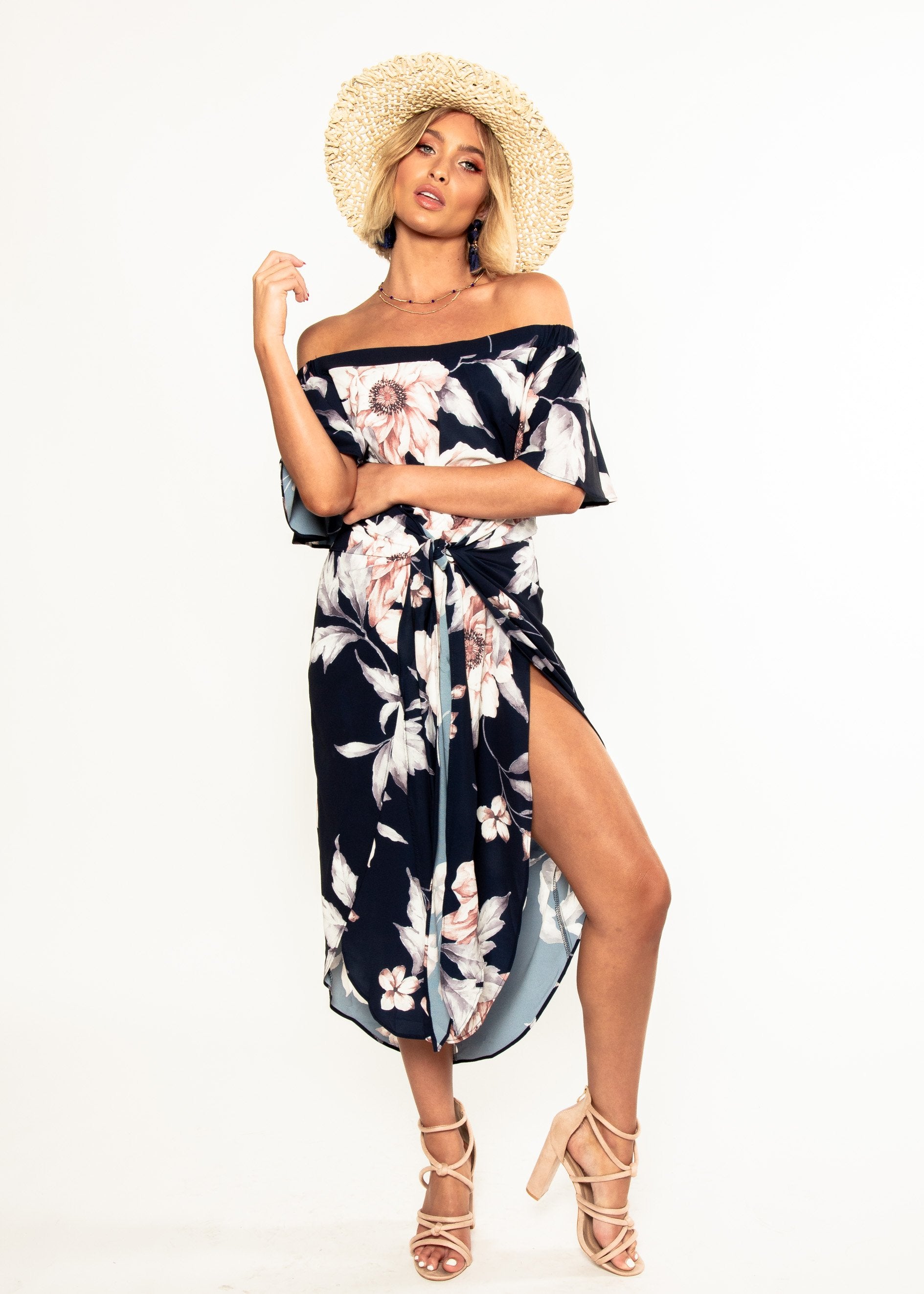 Candid Moment Off Shoulder Midi Dress - Navy Floral