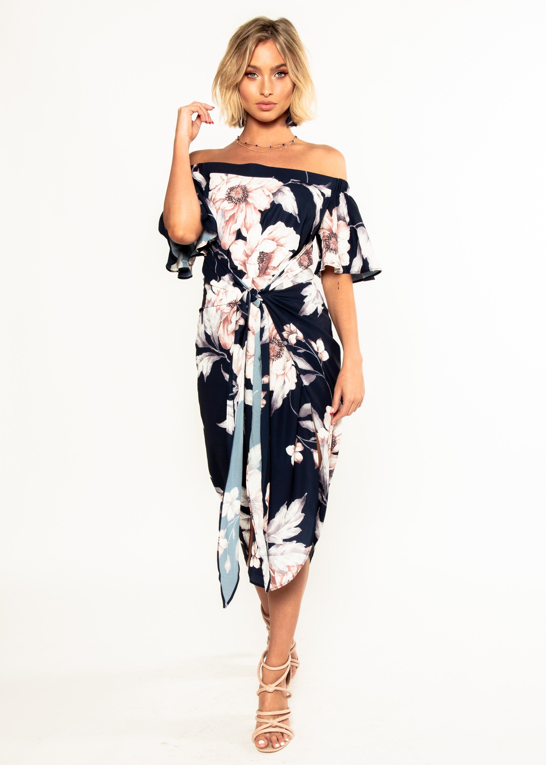 Candid Moment Off Shoulder Midi Dress - Navy Floral