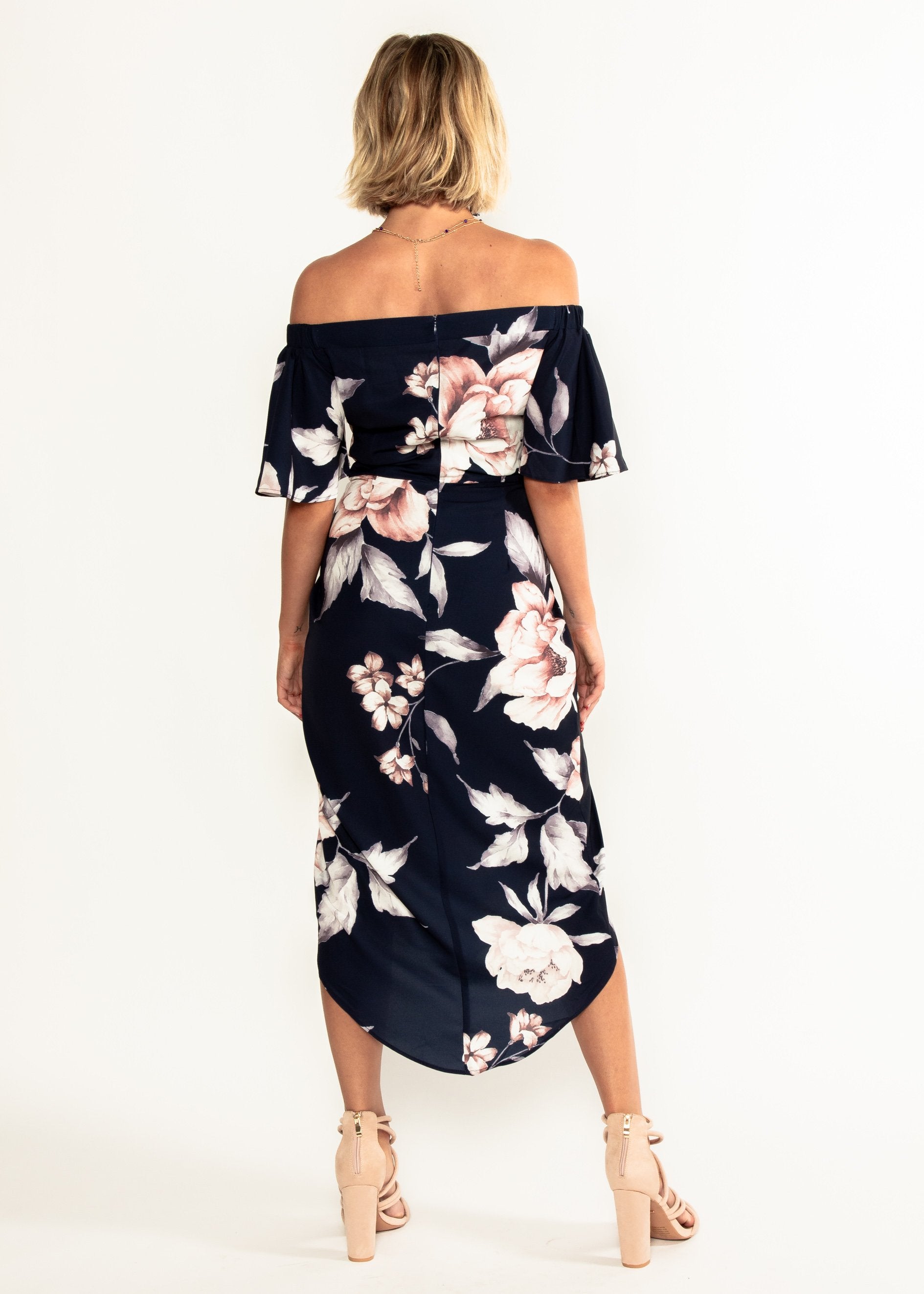 Candid Moment Off Shoulder Midi Dress - Navy Floral
