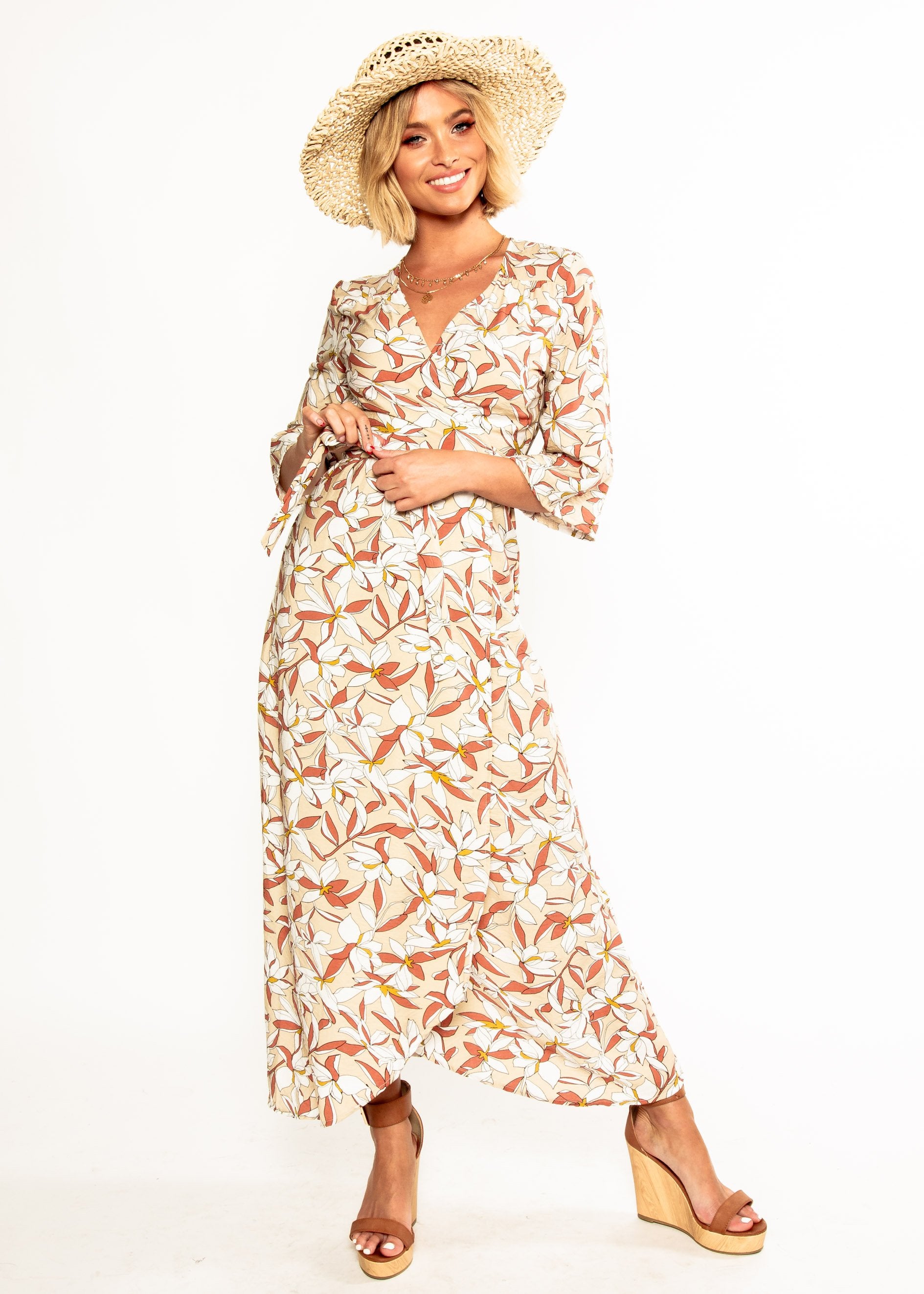 Anabella Maxi Wrap Dress - Tan Floral