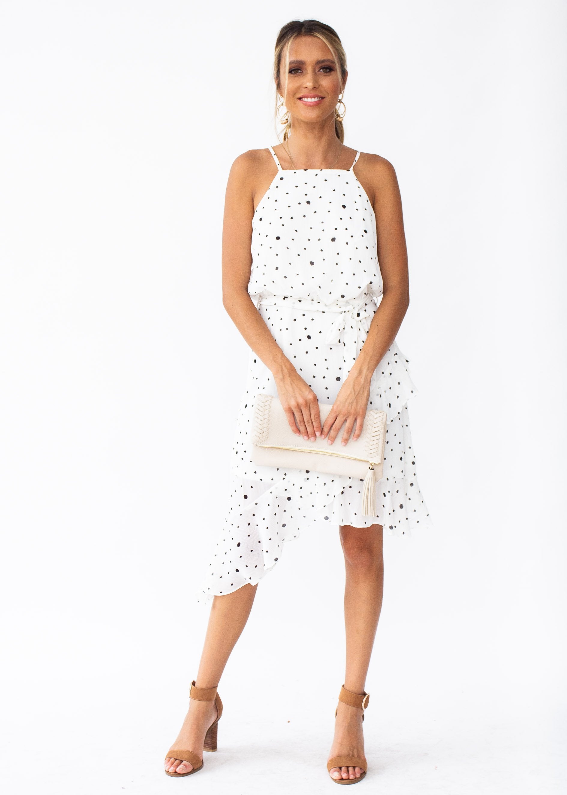 Thalia Chiffon Dress w/ Tie - White Spot