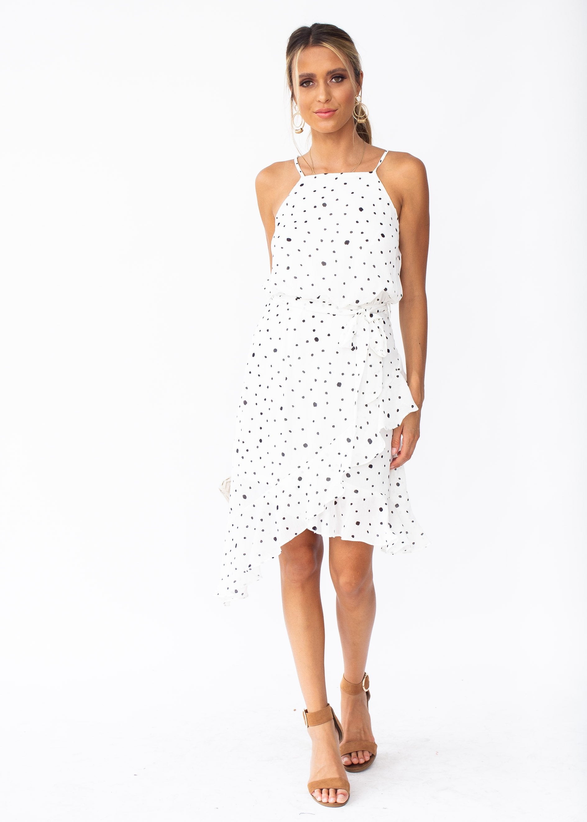 Thalia Chiffon Dress w/ Tie - White Spot