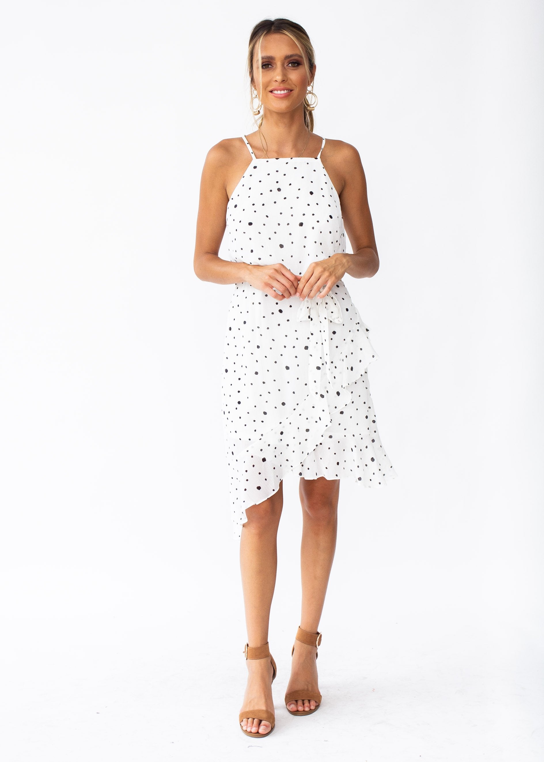 Thalia Chiffon Dress w/ Tie - White Spot