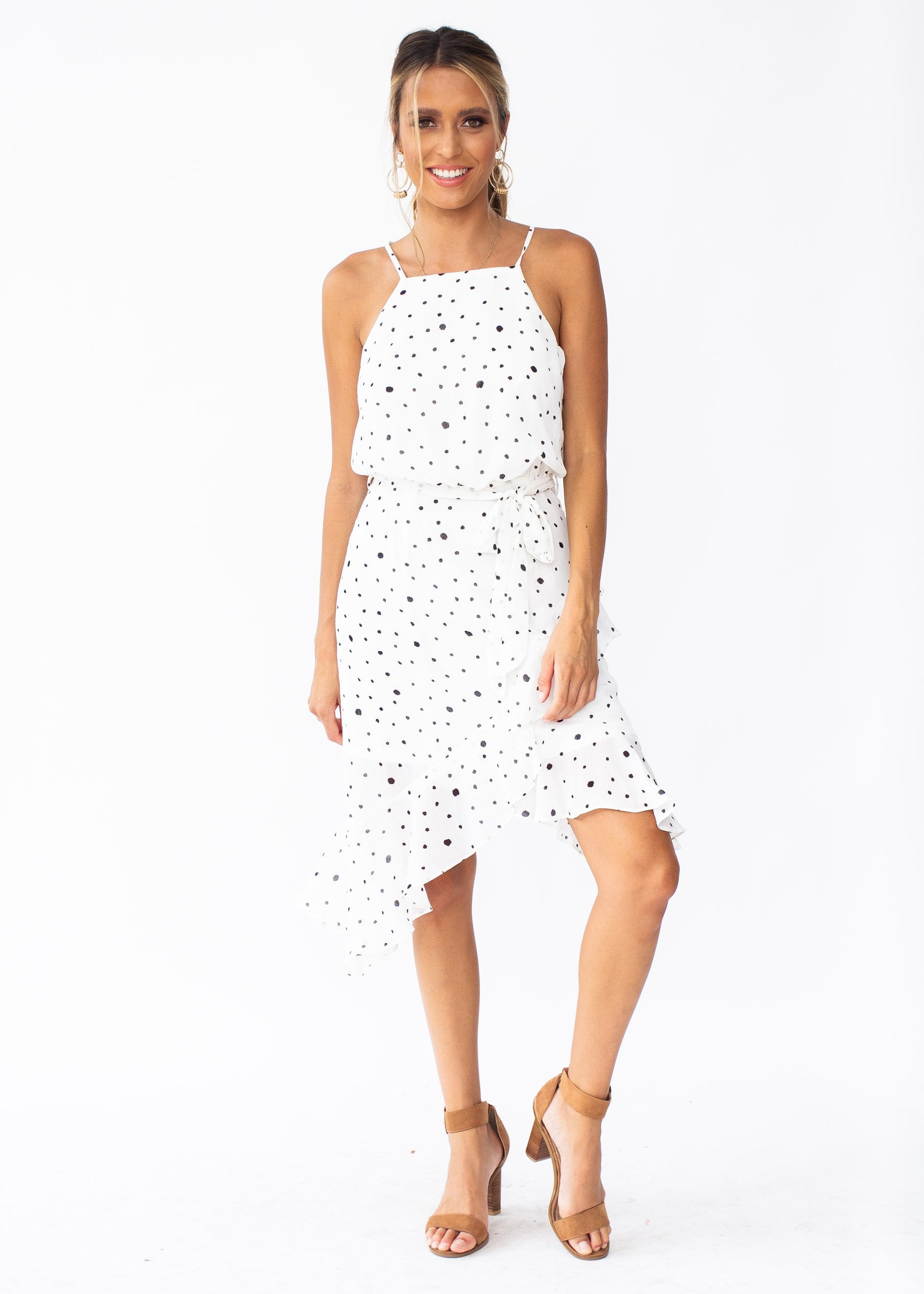 Thalia Chiffon Dress w/ Tie - White Spot