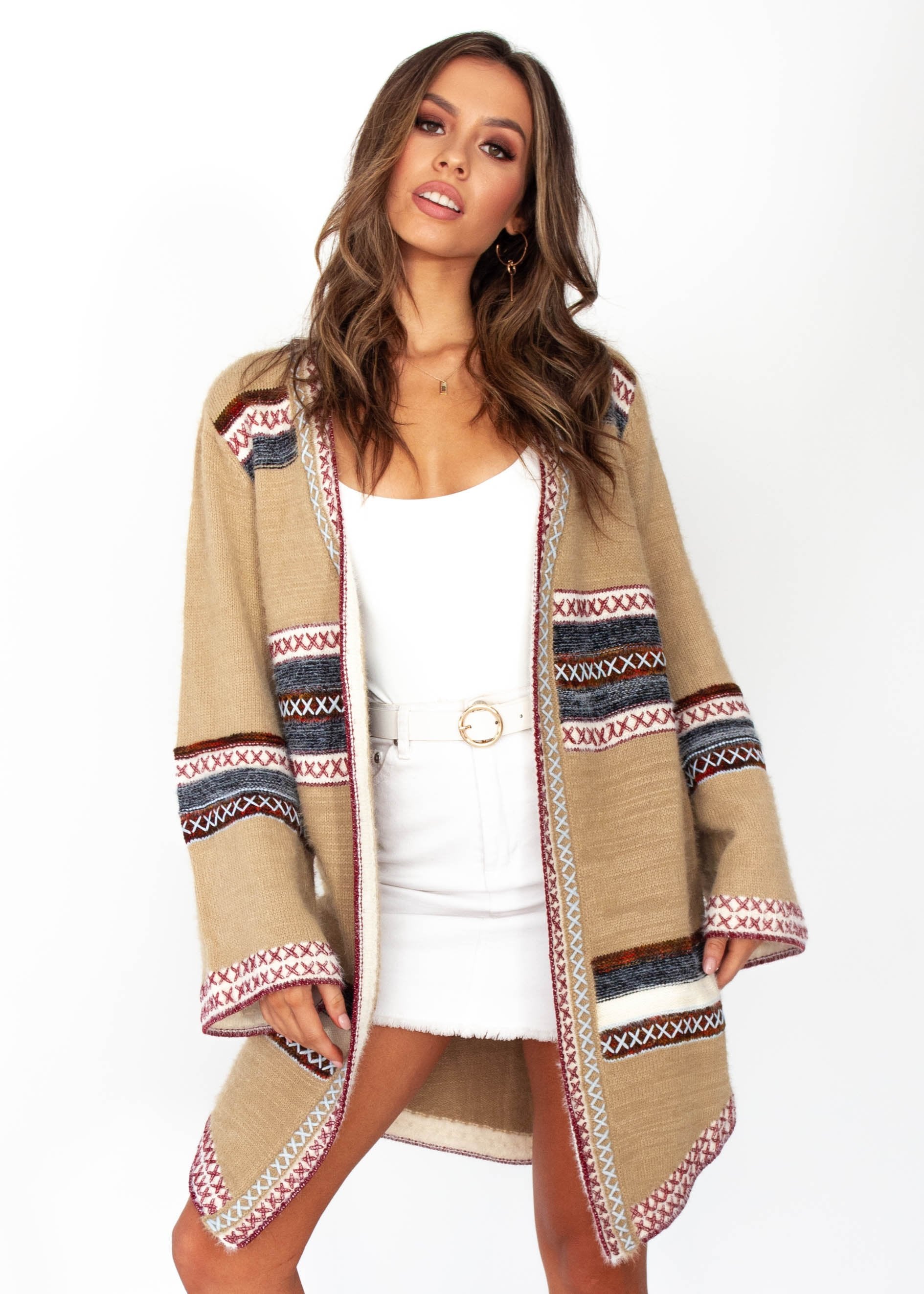 Women's Brenna Cross Stitch Cardigan - Tan - Jaase