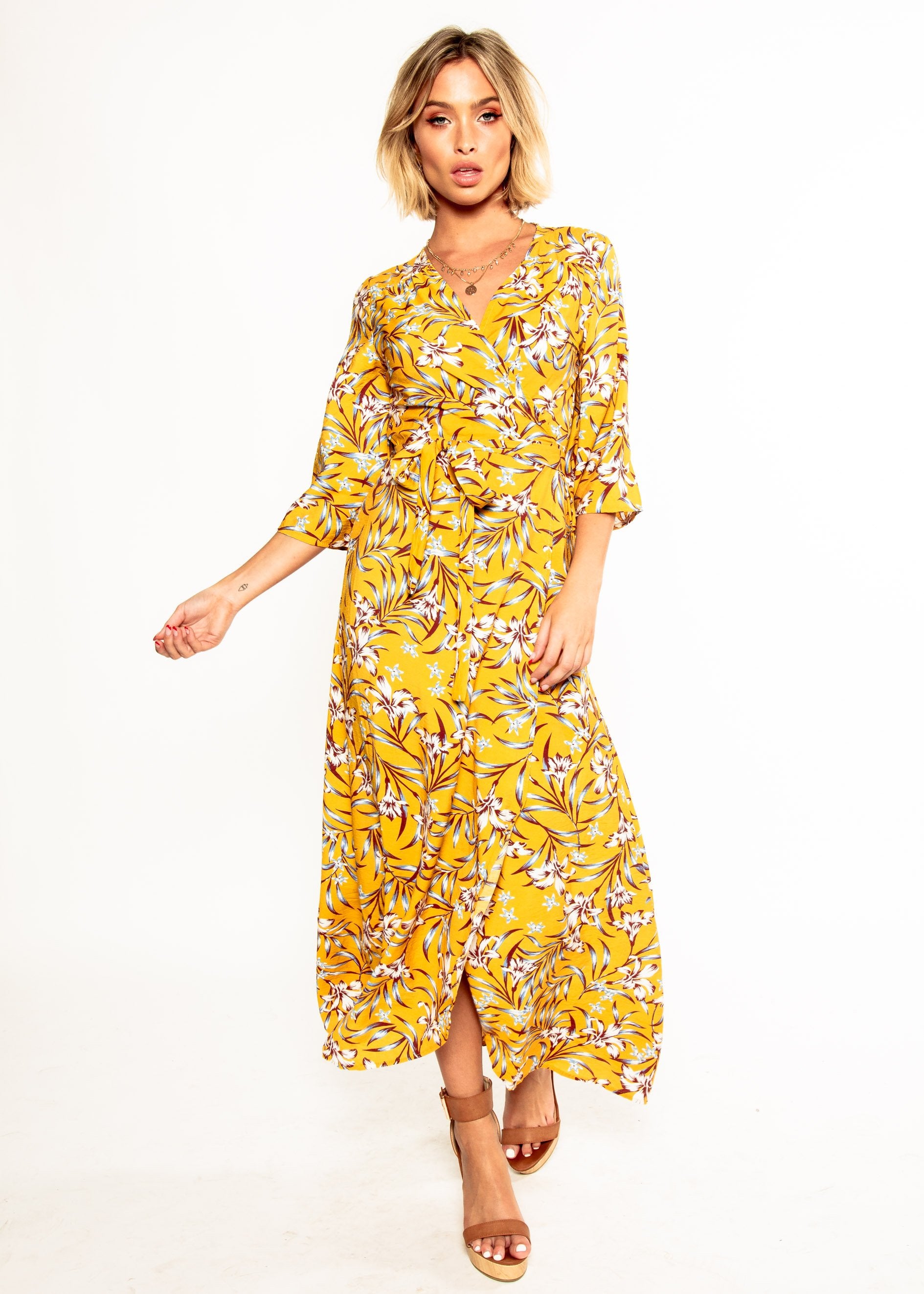 Anabella Maxi Wrap Dress - Mustard Floral