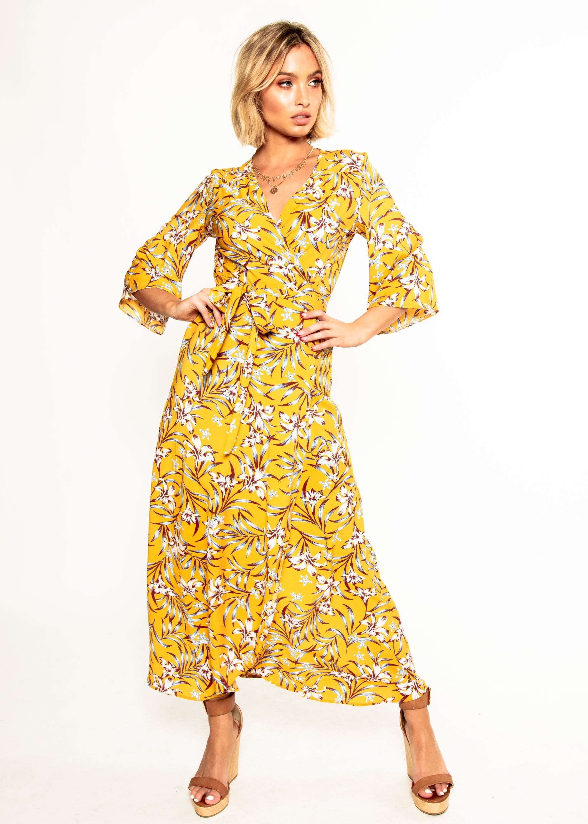 Anabella Maxi Wrap Dress - Mustard Floral