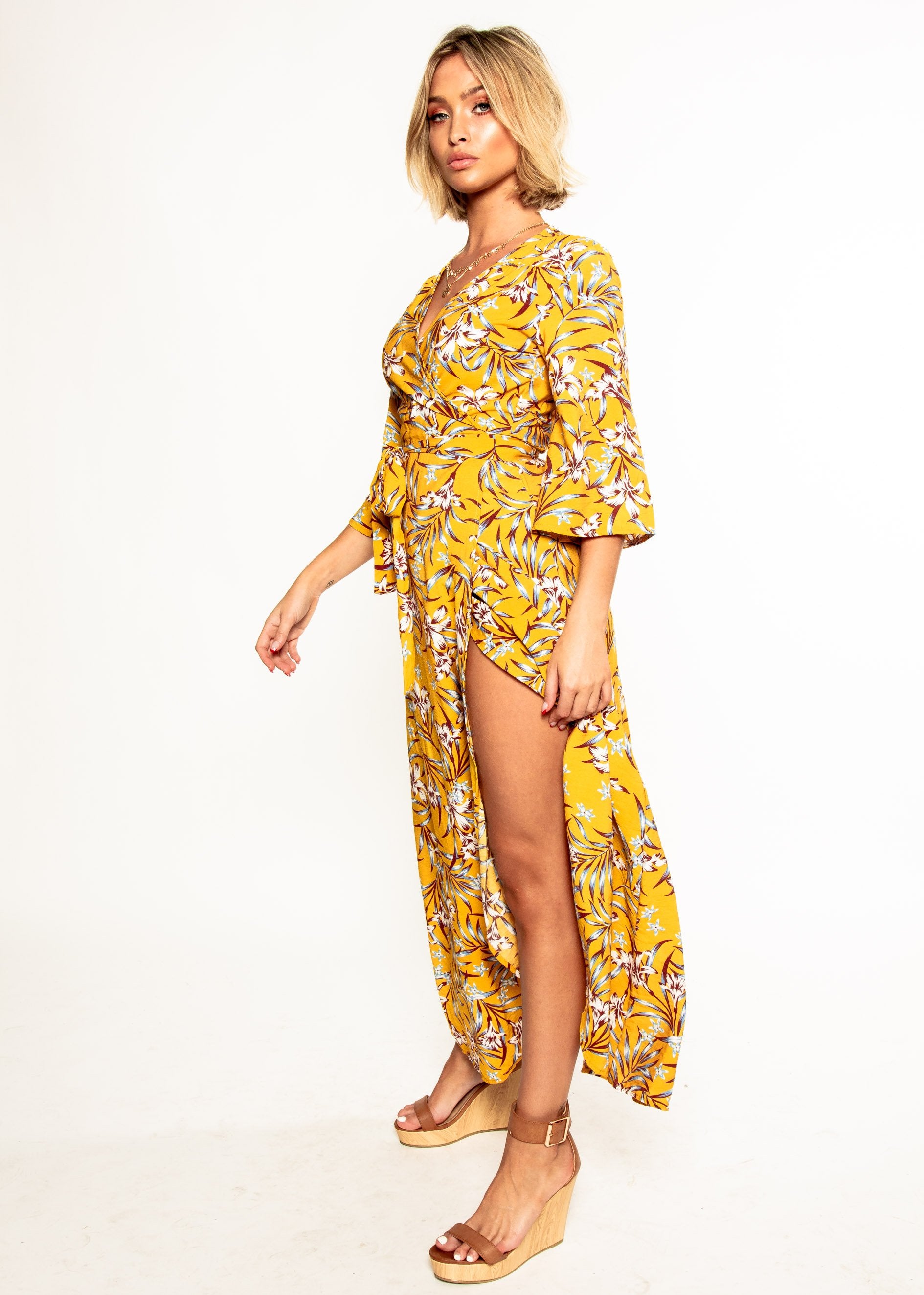 Anabella Maxi Wrap Dress - Mustard Floral