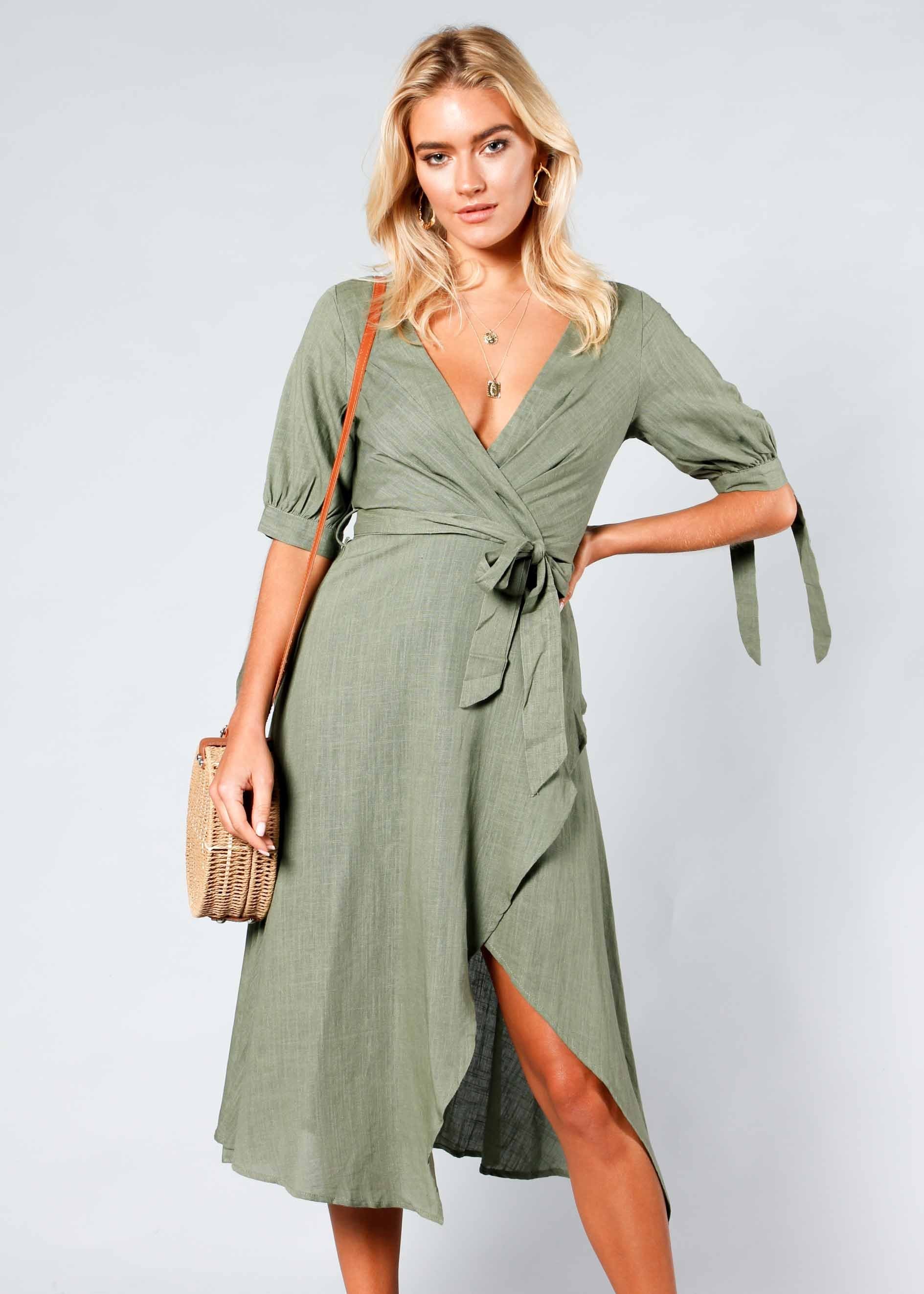 Voyage Linen Midi Dress w/ Tie - Khaki