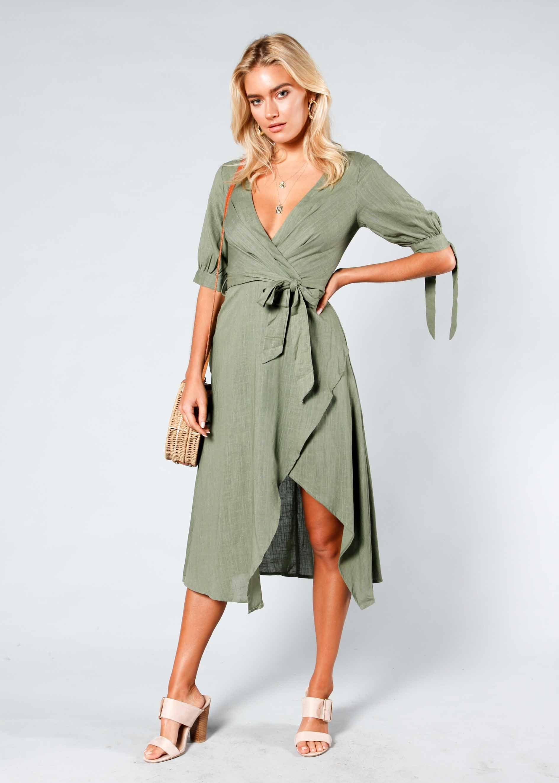 Voyage Linen Midi Dress w/ Tie - Khaki