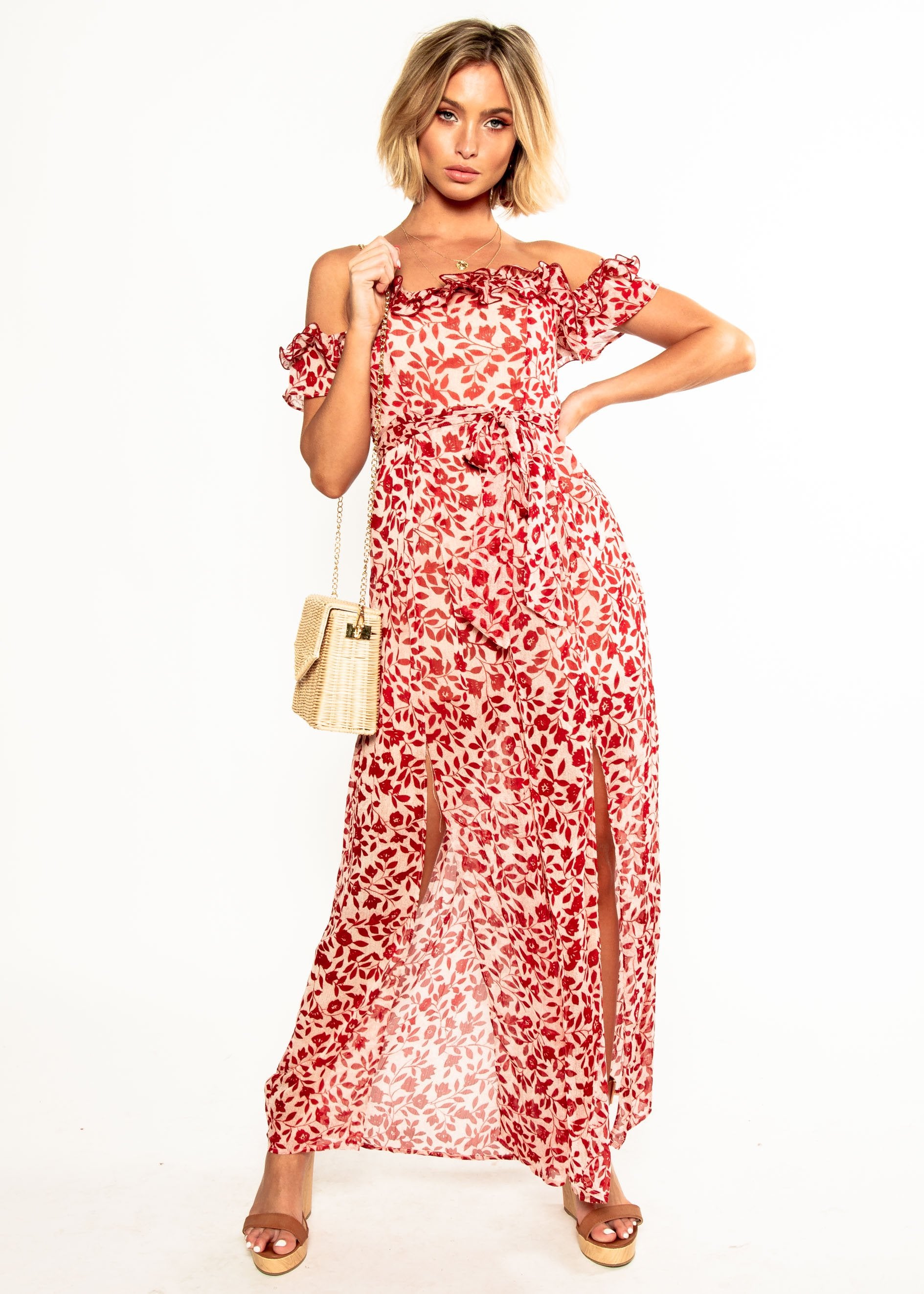Siren Off Shoulder Pantsuit - Red Floral