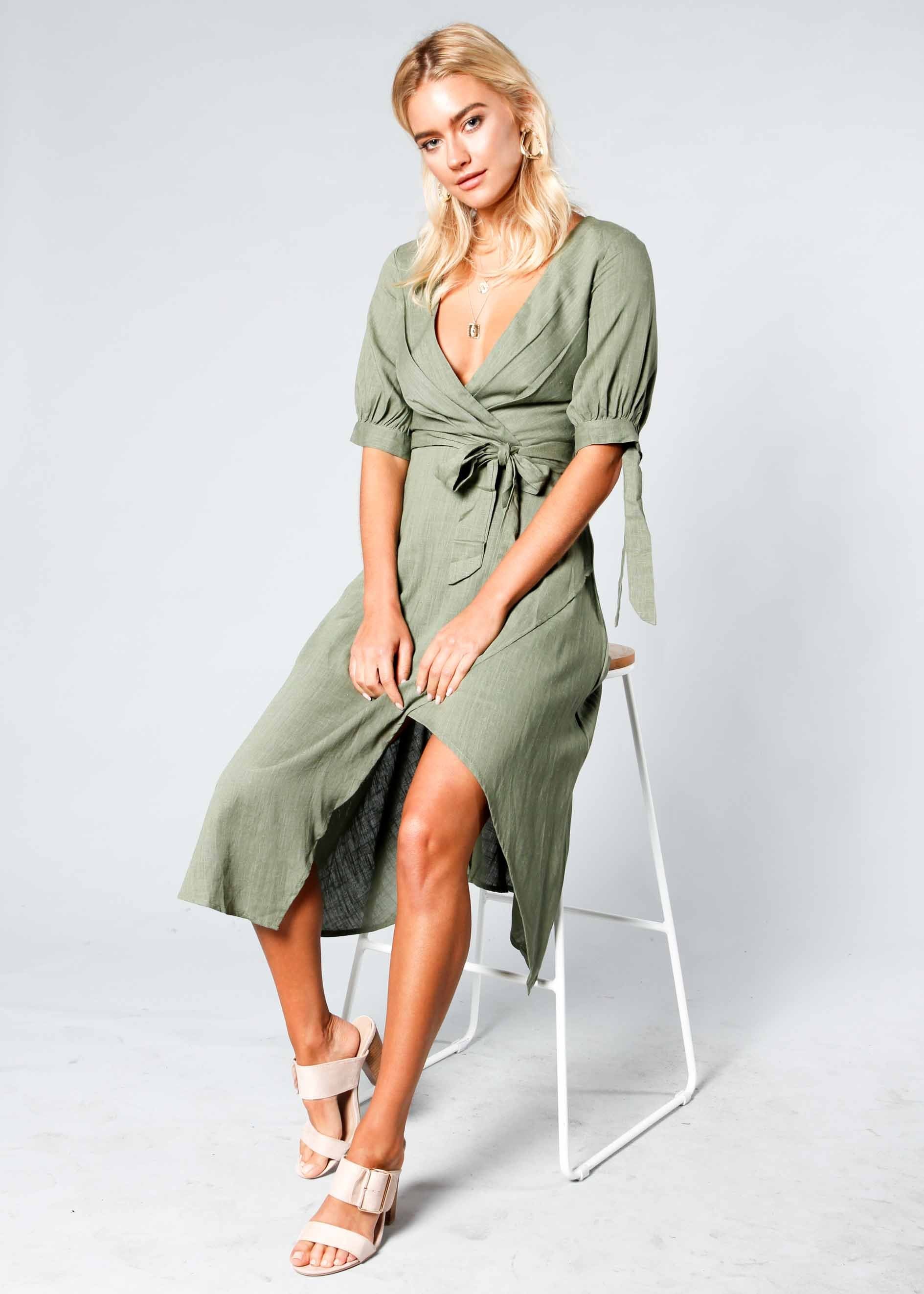 Voyage Linen Midi Dress w/ Tie - Khaki