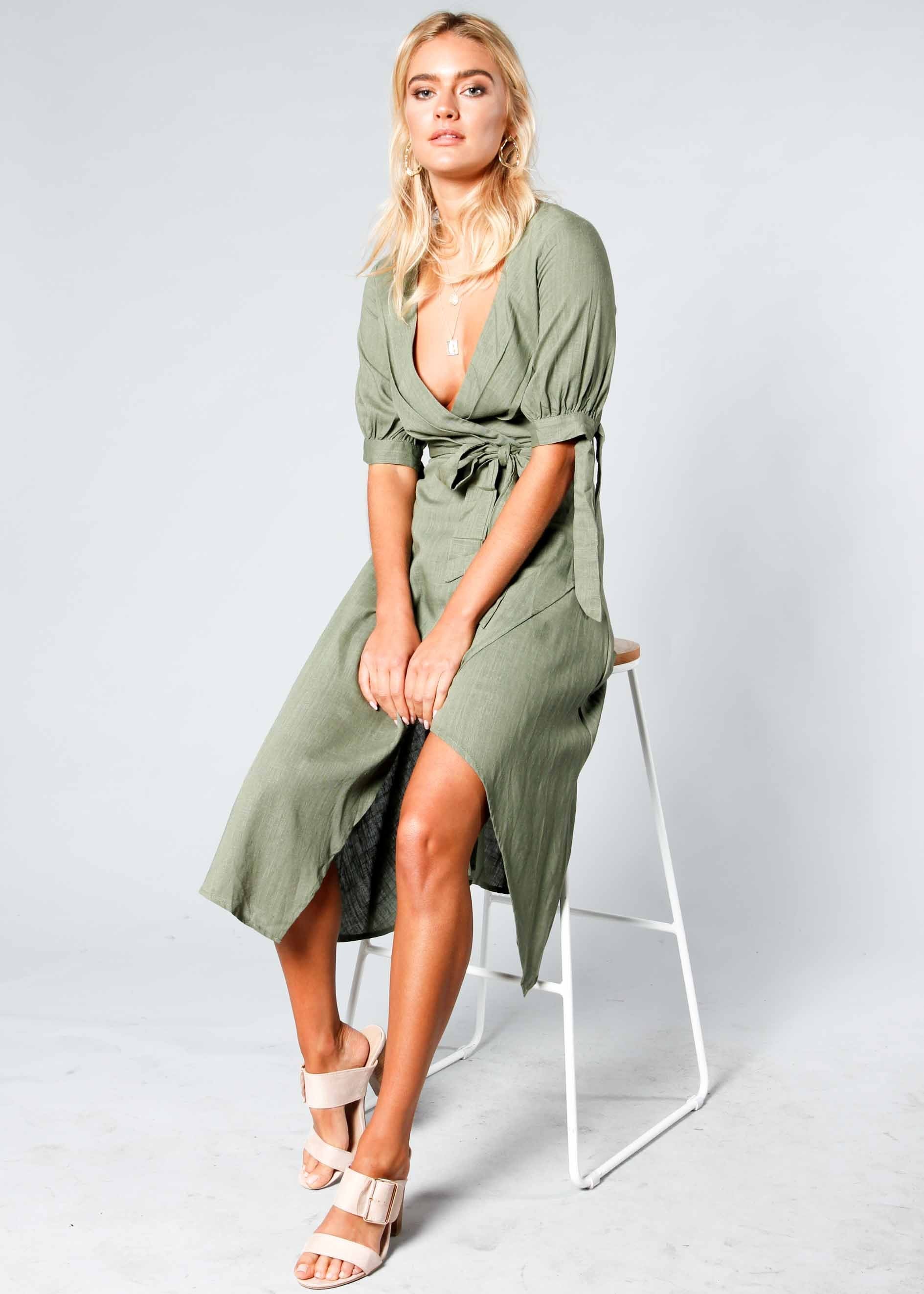 Voyage Linen Midi Dress w/ Tie - Khaki