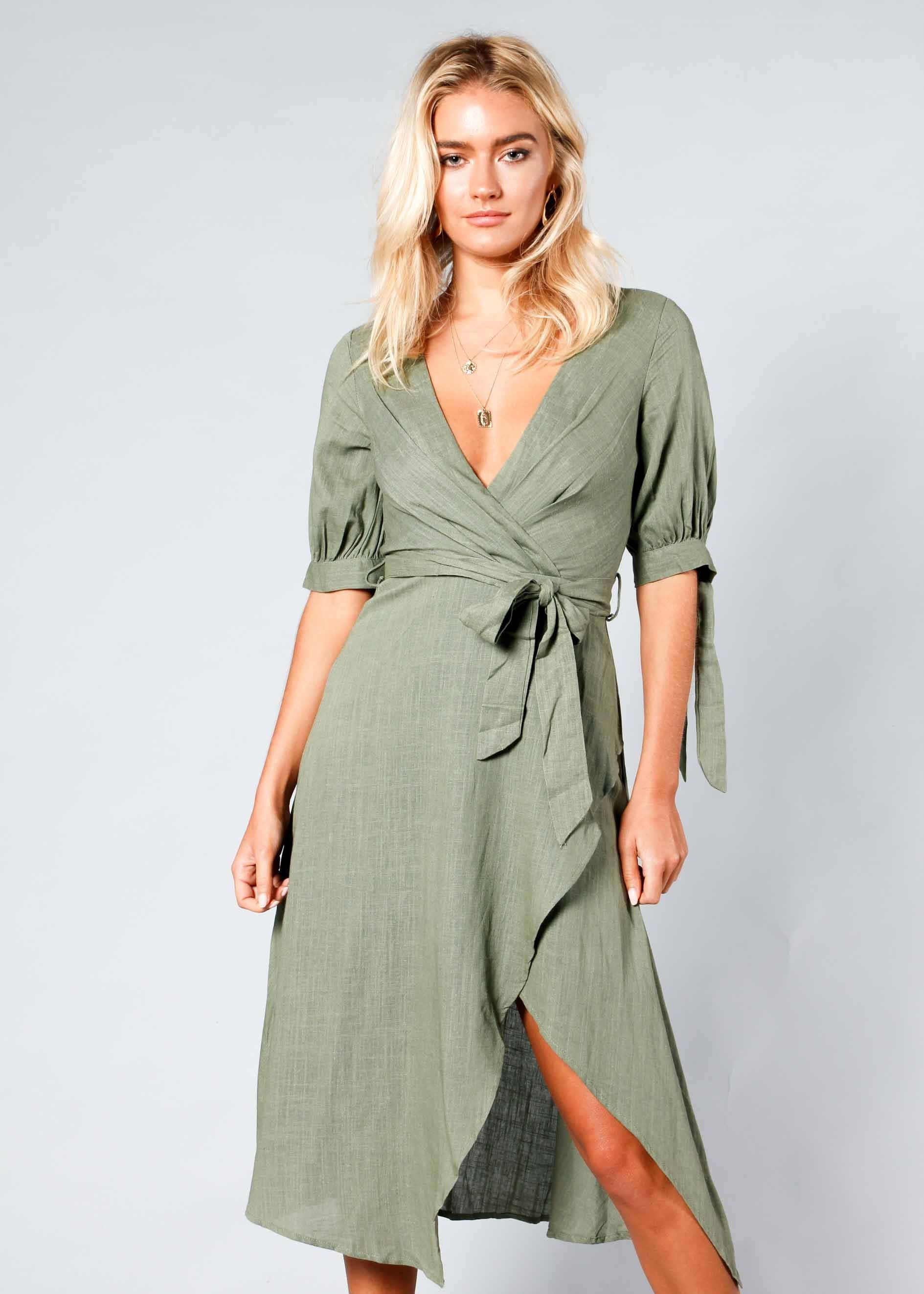Voyage Linen Midi Dress w/ Tie - Khaki