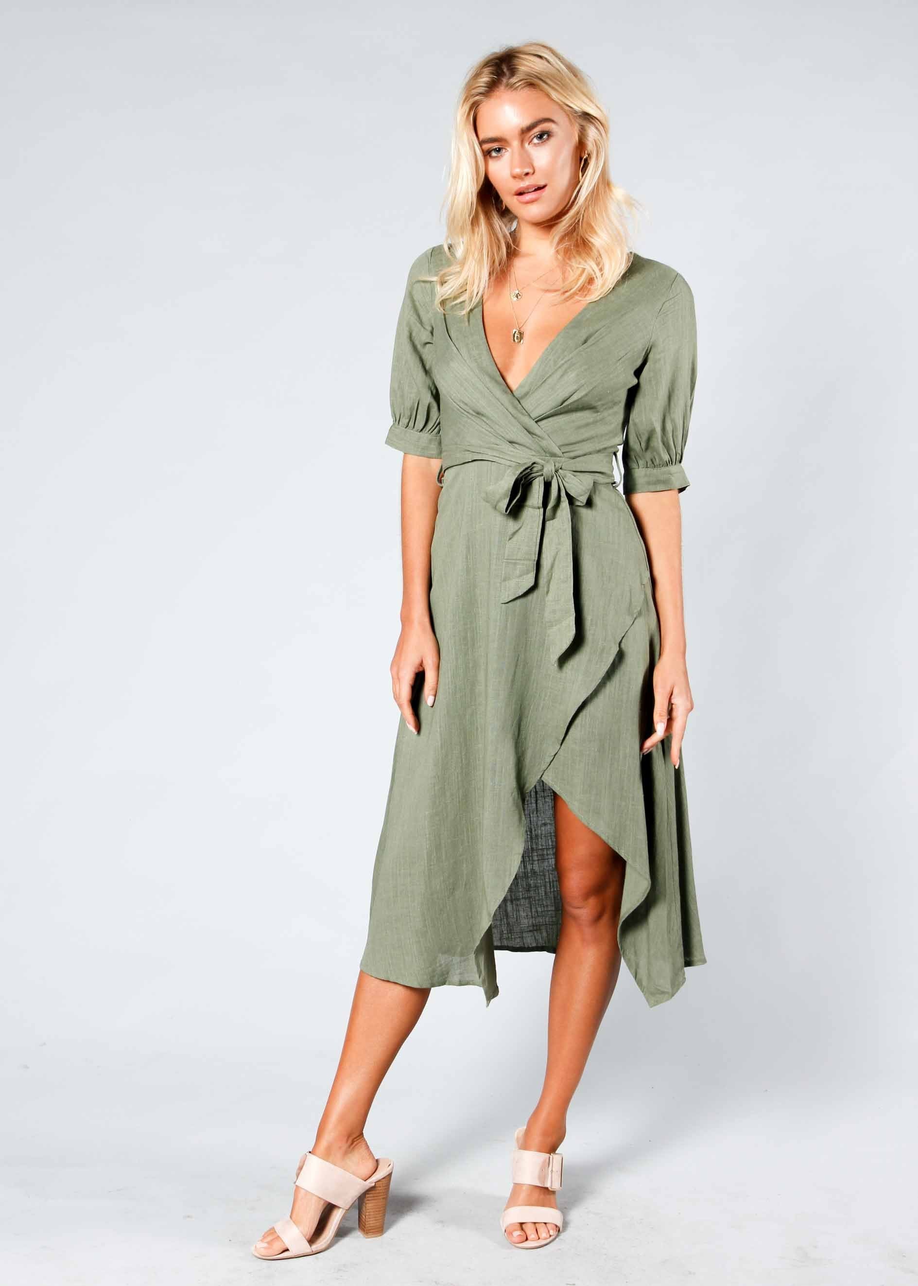 Voyage Linen Midi Dress w/ Tie - Khaki