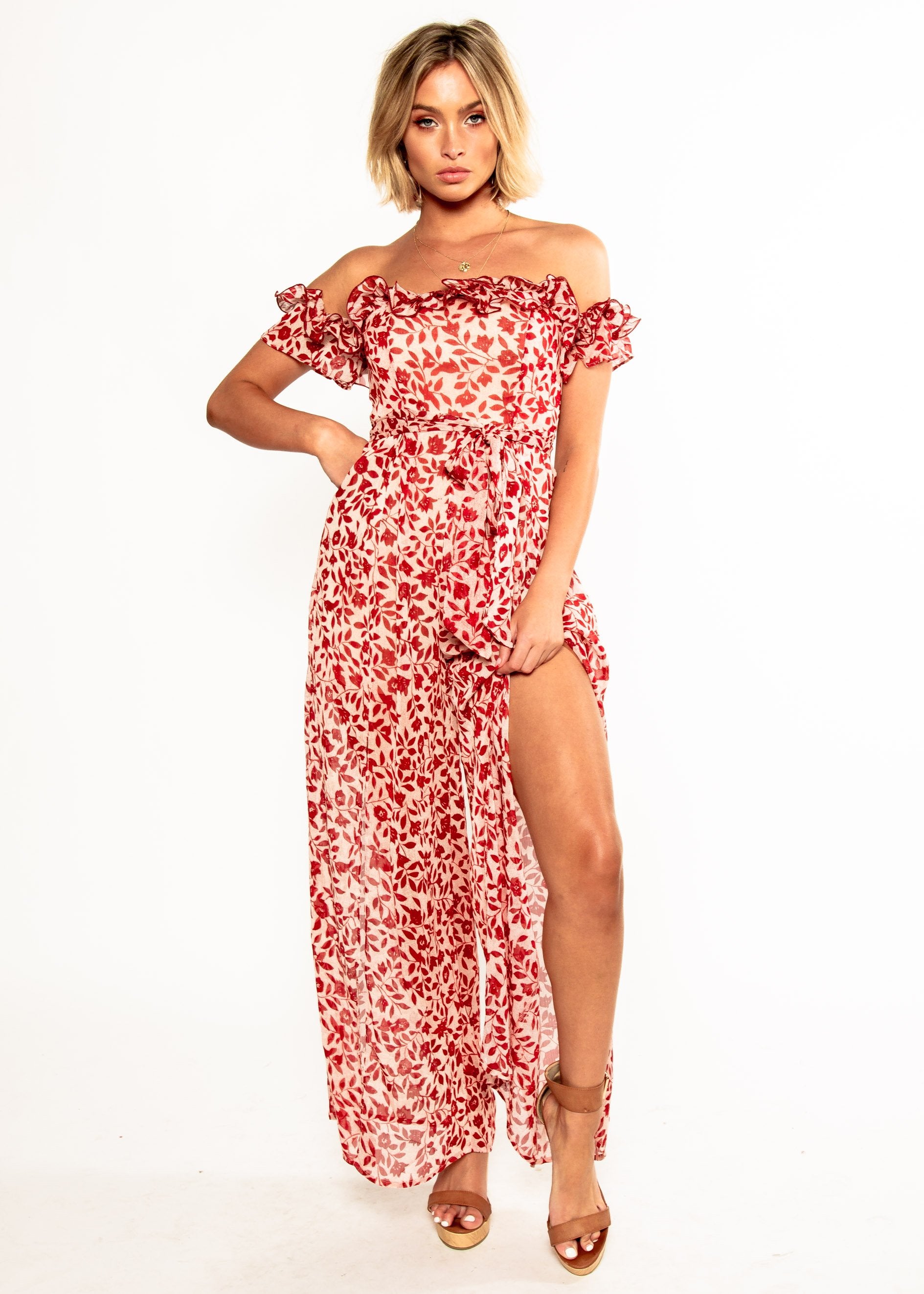Siren Off Shoulder Pantsuit - Red Floral