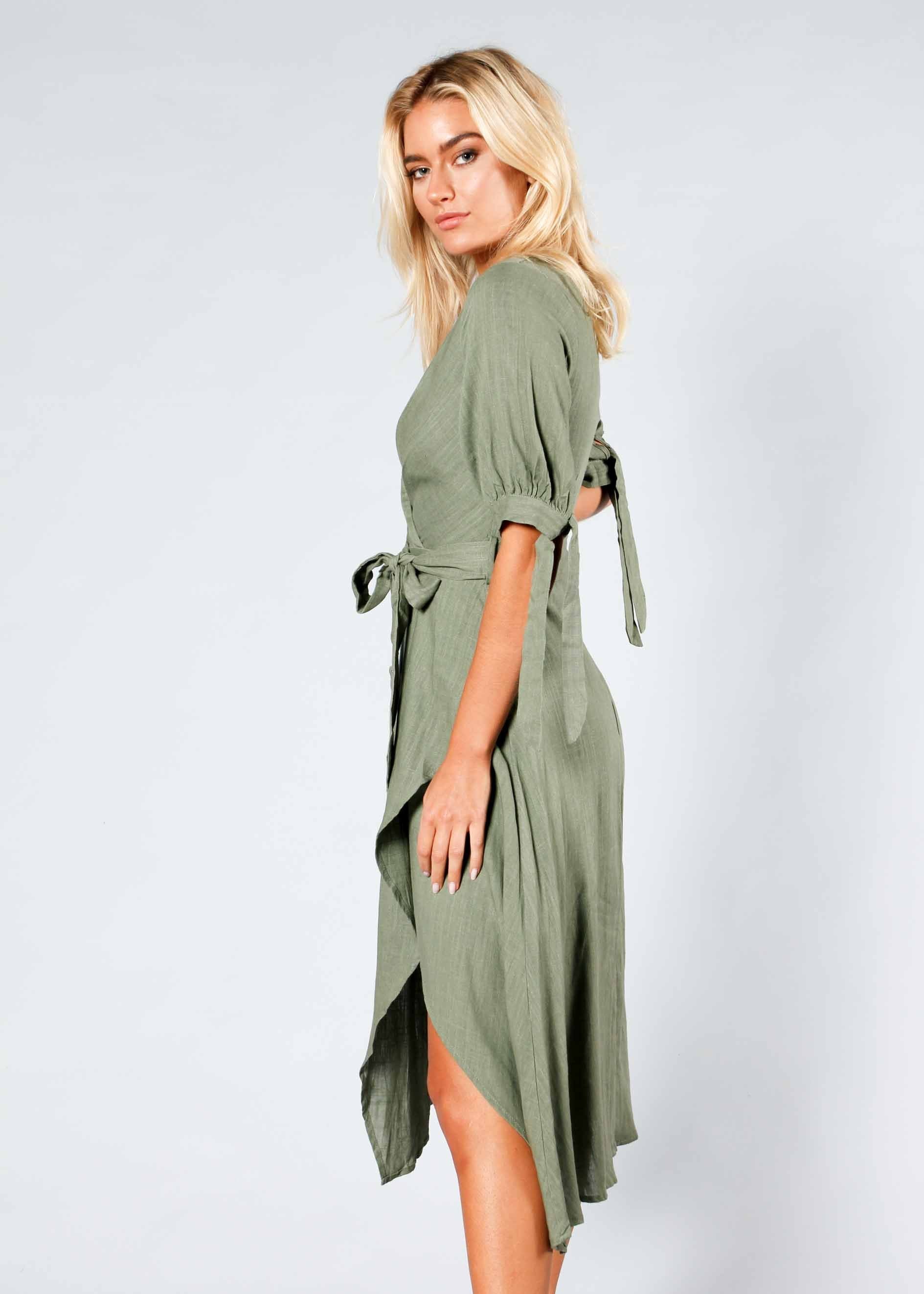 Voyage Linen Midi Dress w/ Tie - Khaki