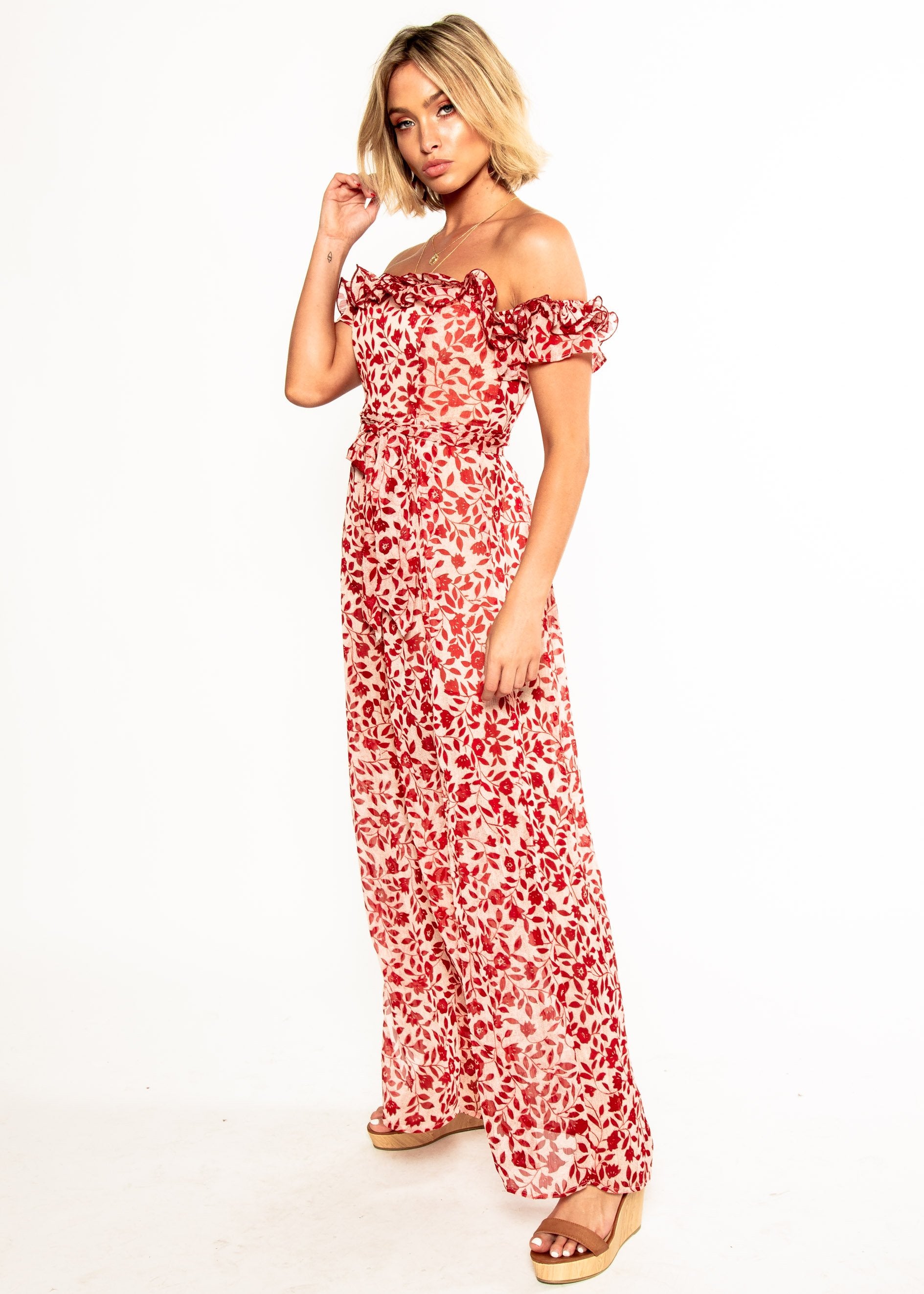 Siren Off Shoulder Pantsuit - Red Floral