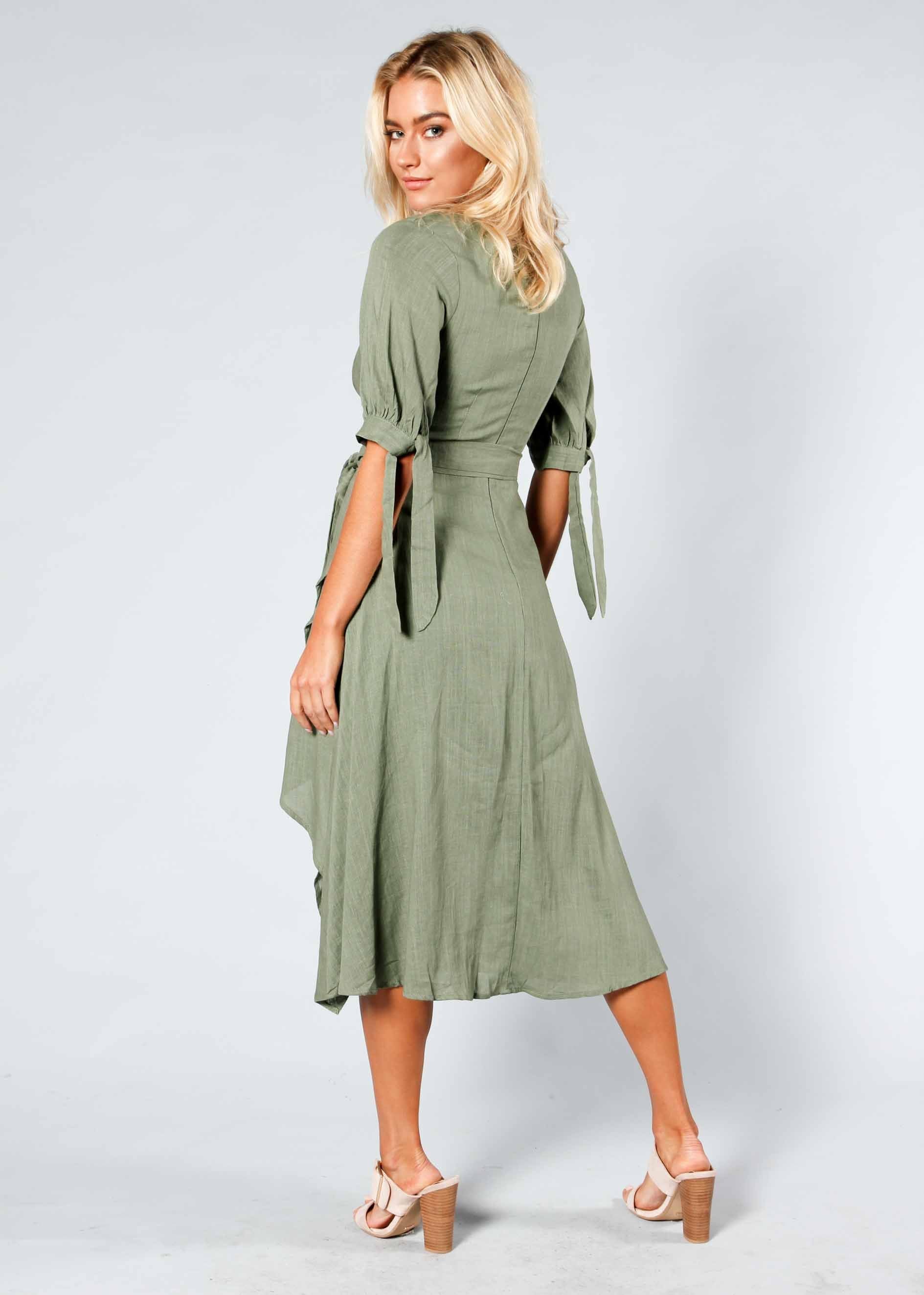 Voyage Linen Midi Dress w/ Tie - Khaki