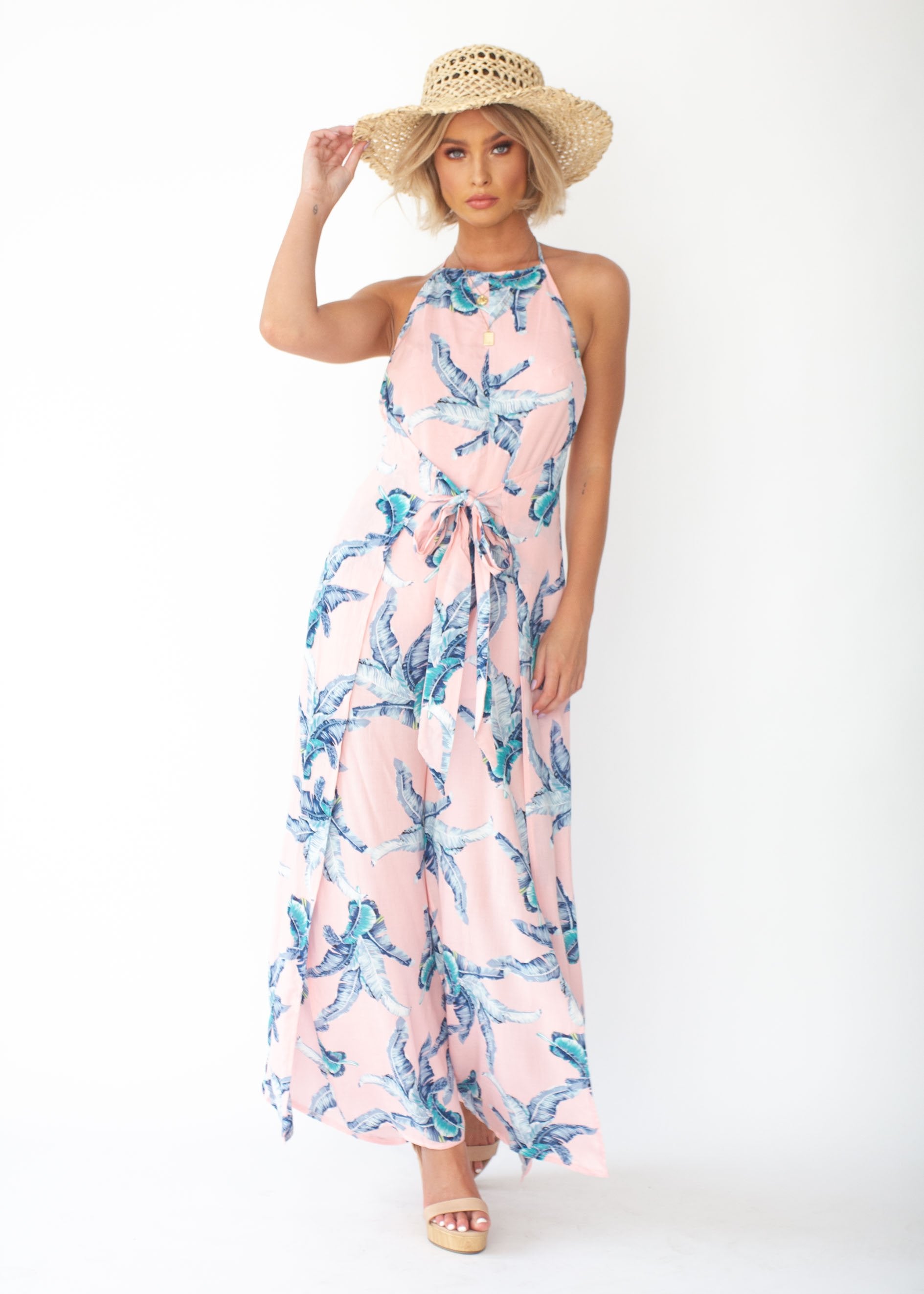 Cyan Halter Pantsuit - Peach Palm