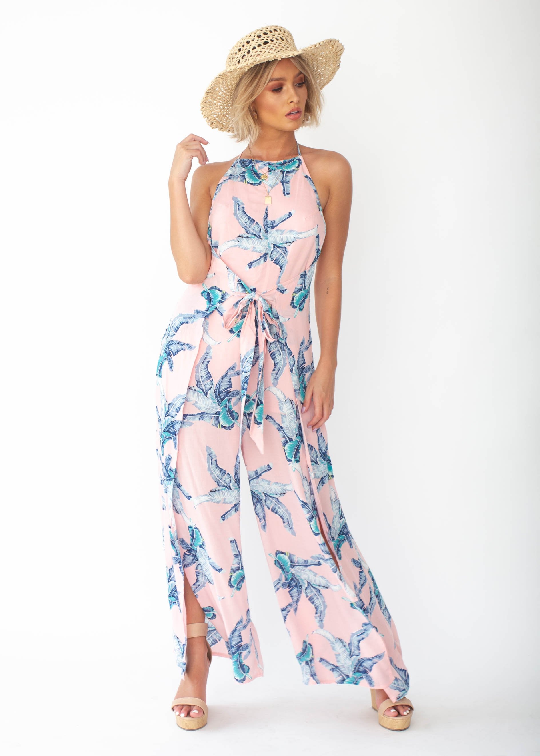 Cyan Halter Pantsuit - Peach Palm