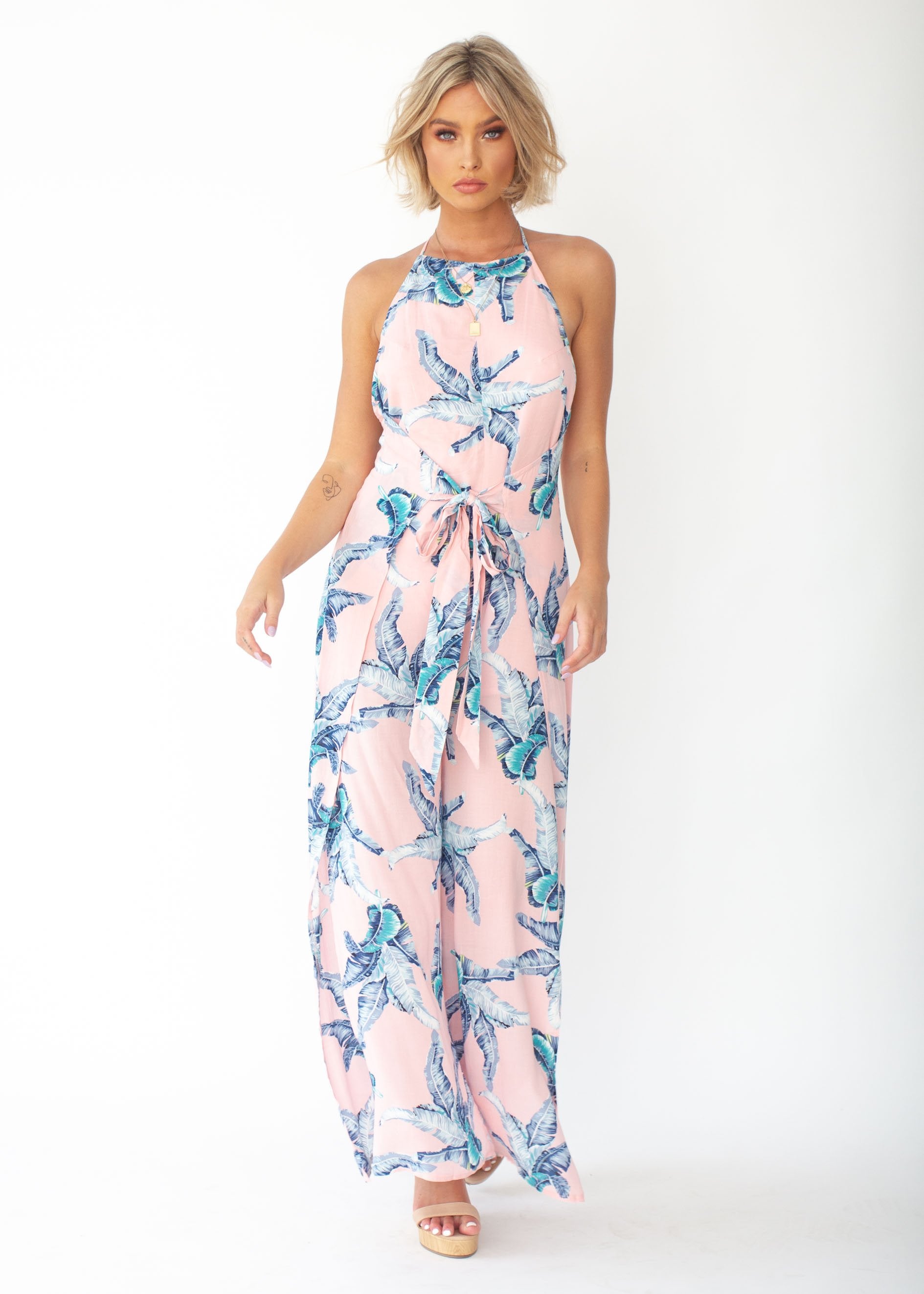 Cyan Halter Pantsuit - Peach Palm
