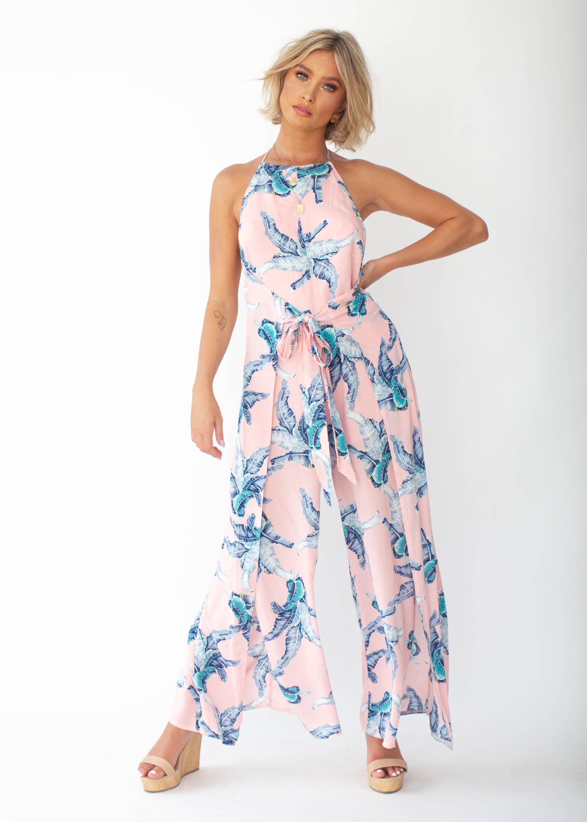 Cyan Halter Pantsuit - Peach Palm
