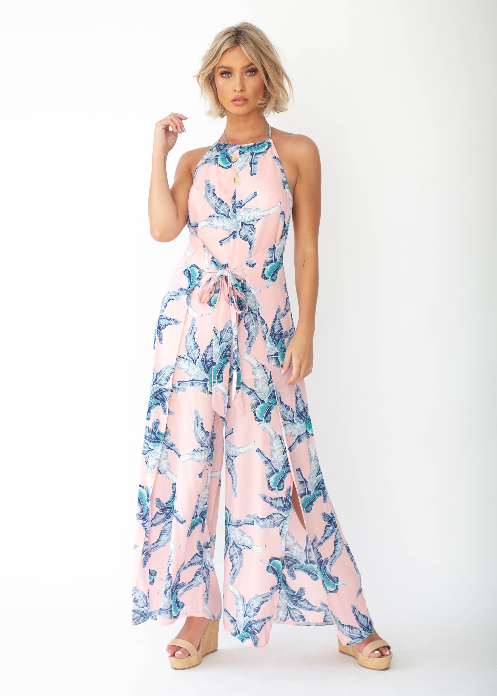 Cyan Halter Pantsuit - Peach Palm