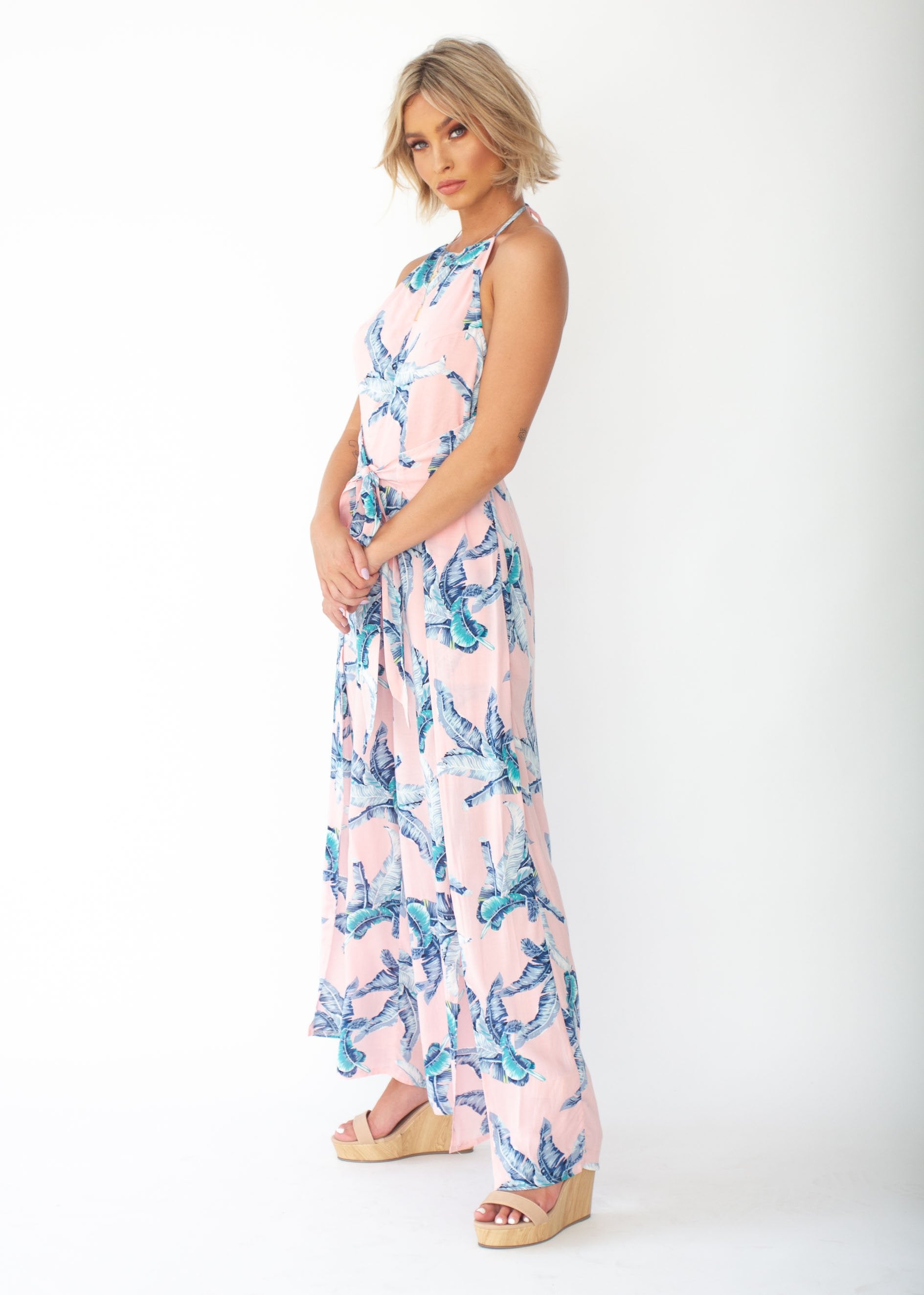 Cyan Halter Pantsuit - Peach Palm
