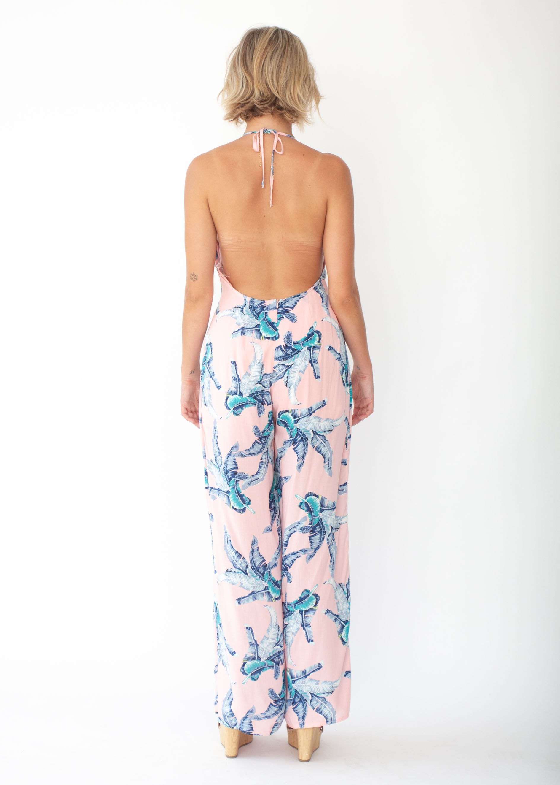 Cyan Halter Pantsuit - Peach Palm