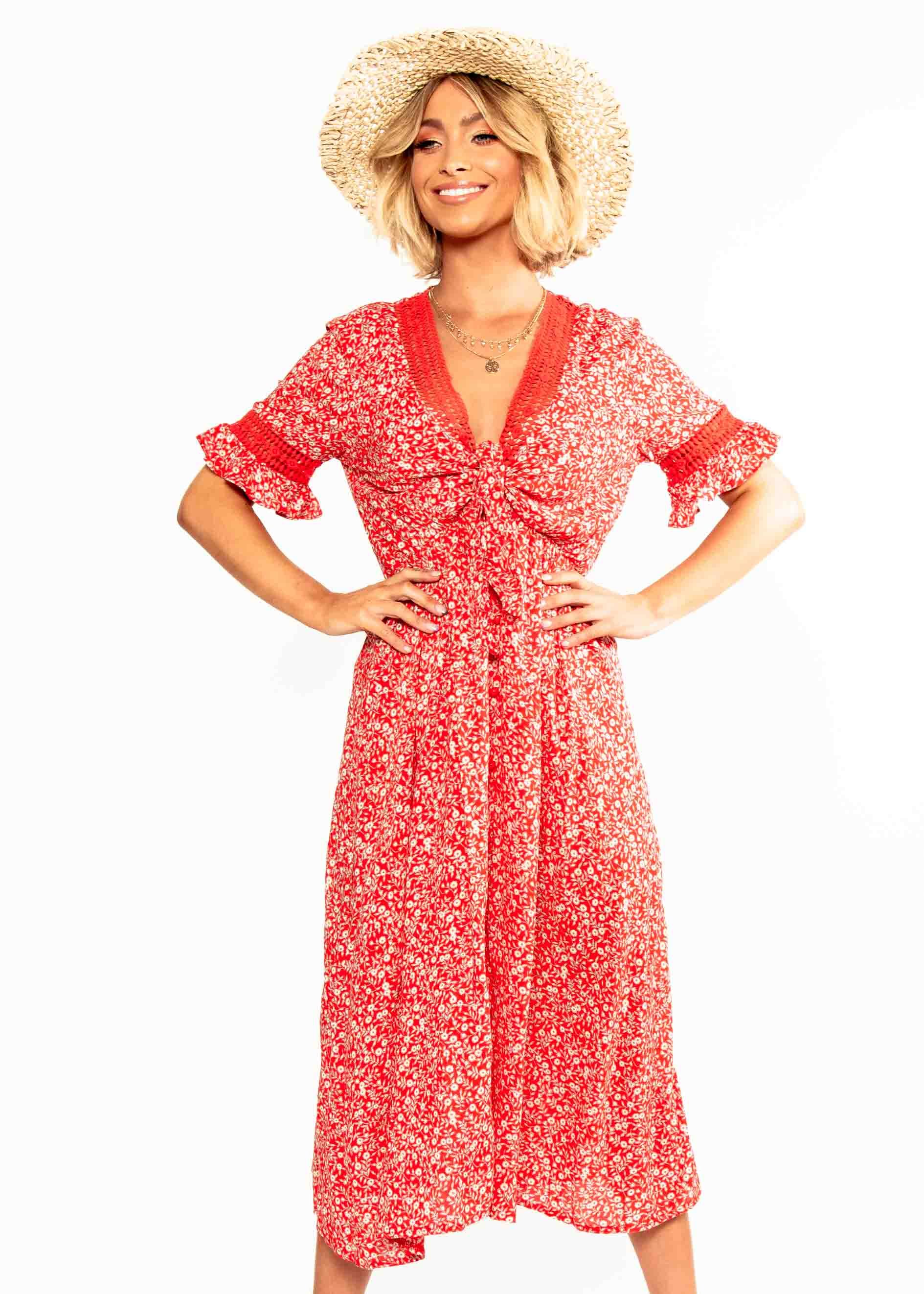 Lovers Kiss Tie Midi Dress - Red Floral