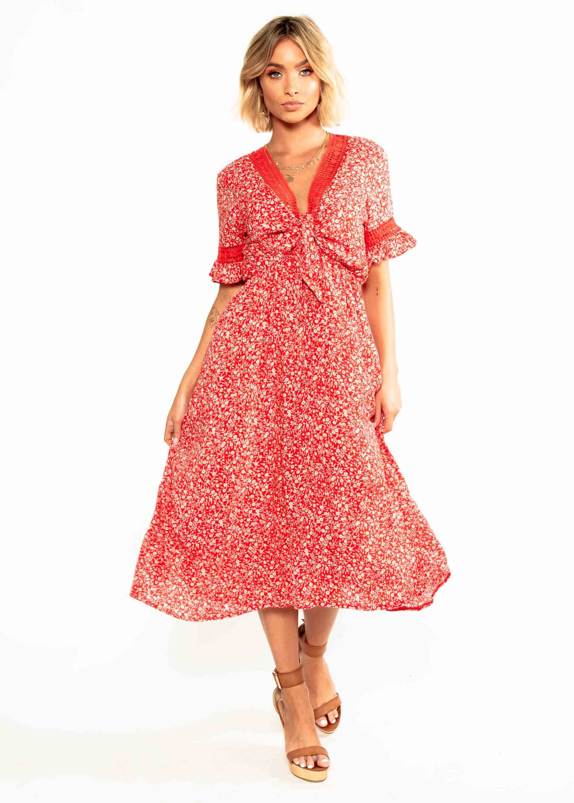 Lovers Kiss Tie Midi Dress - Red Floral