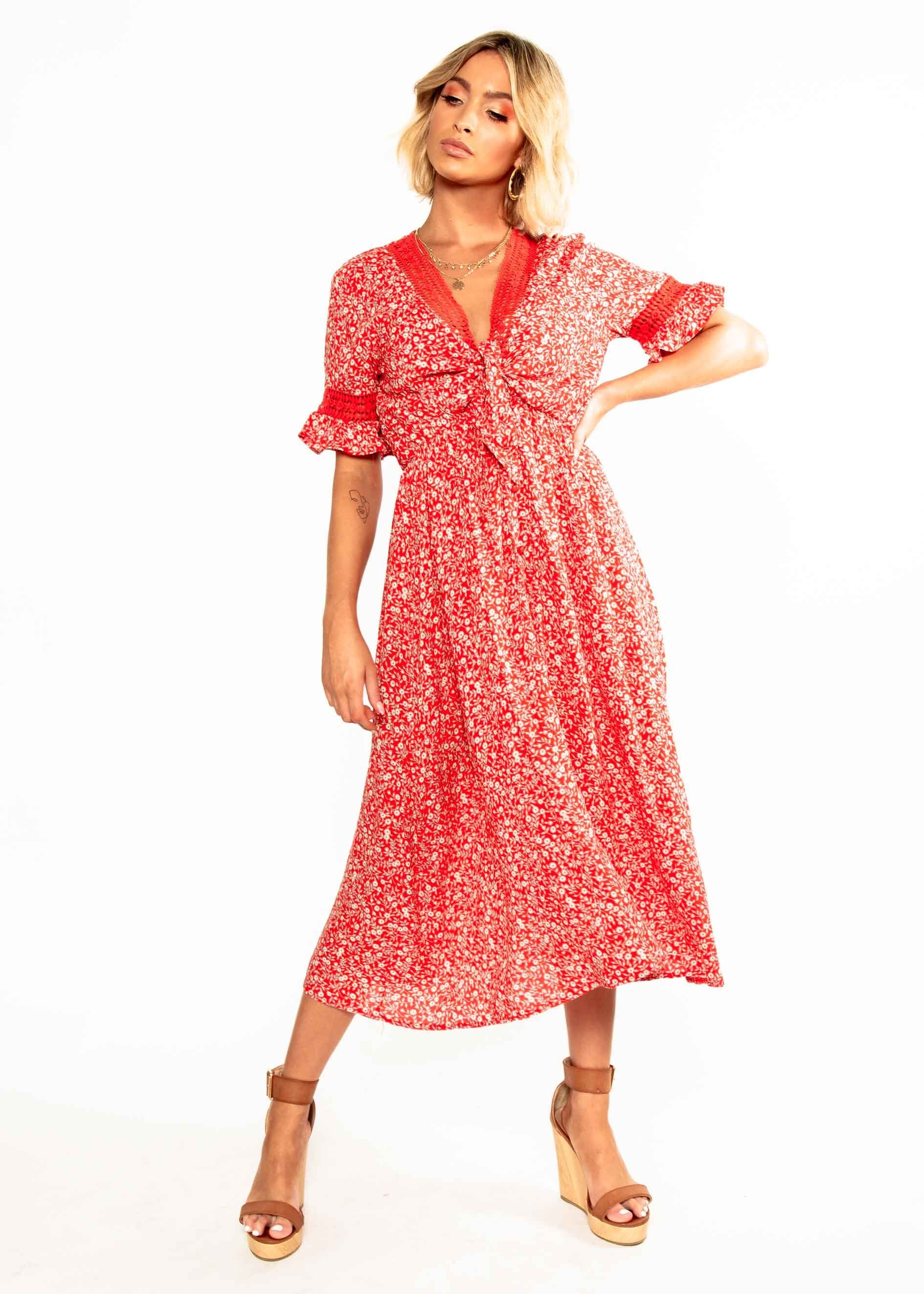 Lovers Kiss Tie Midi Dress - Red Floral