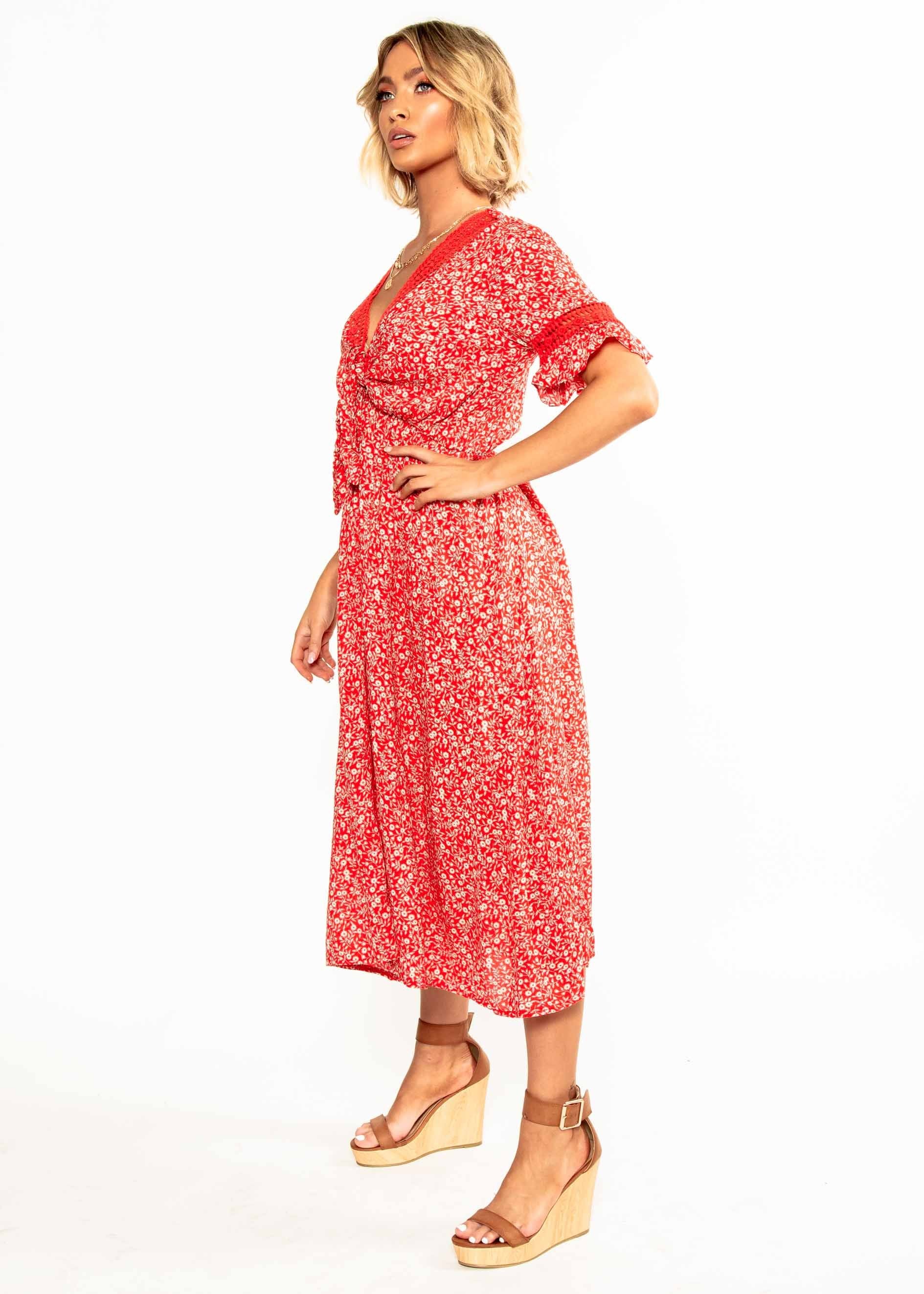 Lovers Kiss Tie Midi Dress - Red Floral