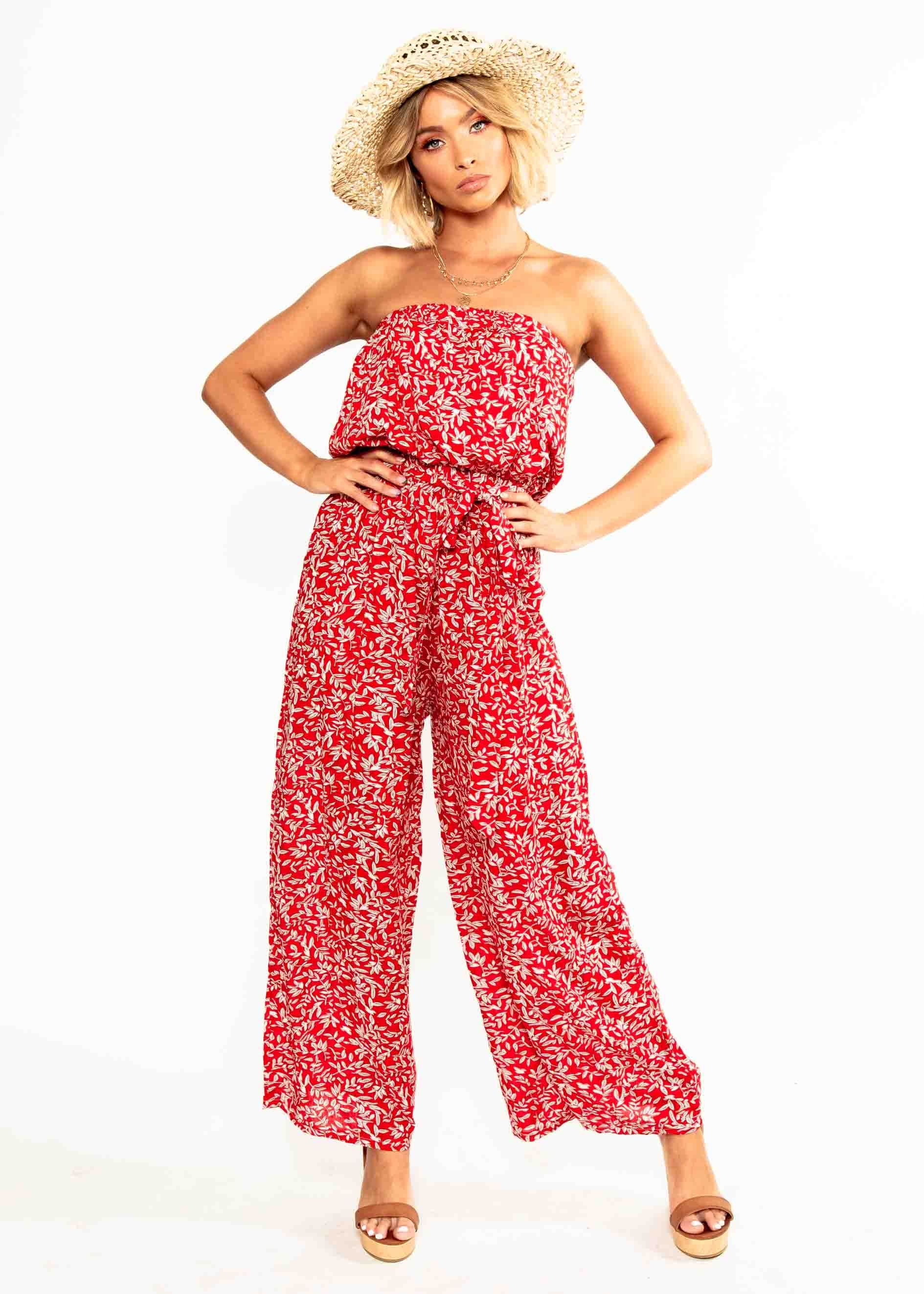 Dream Big Strapless Pantsuit - Red Floral