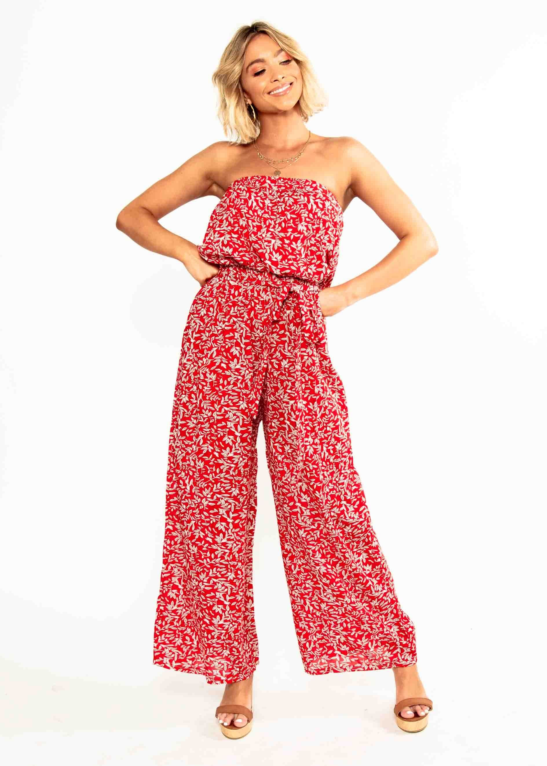 Dream Big Strapless Pantsuit - Red Floral