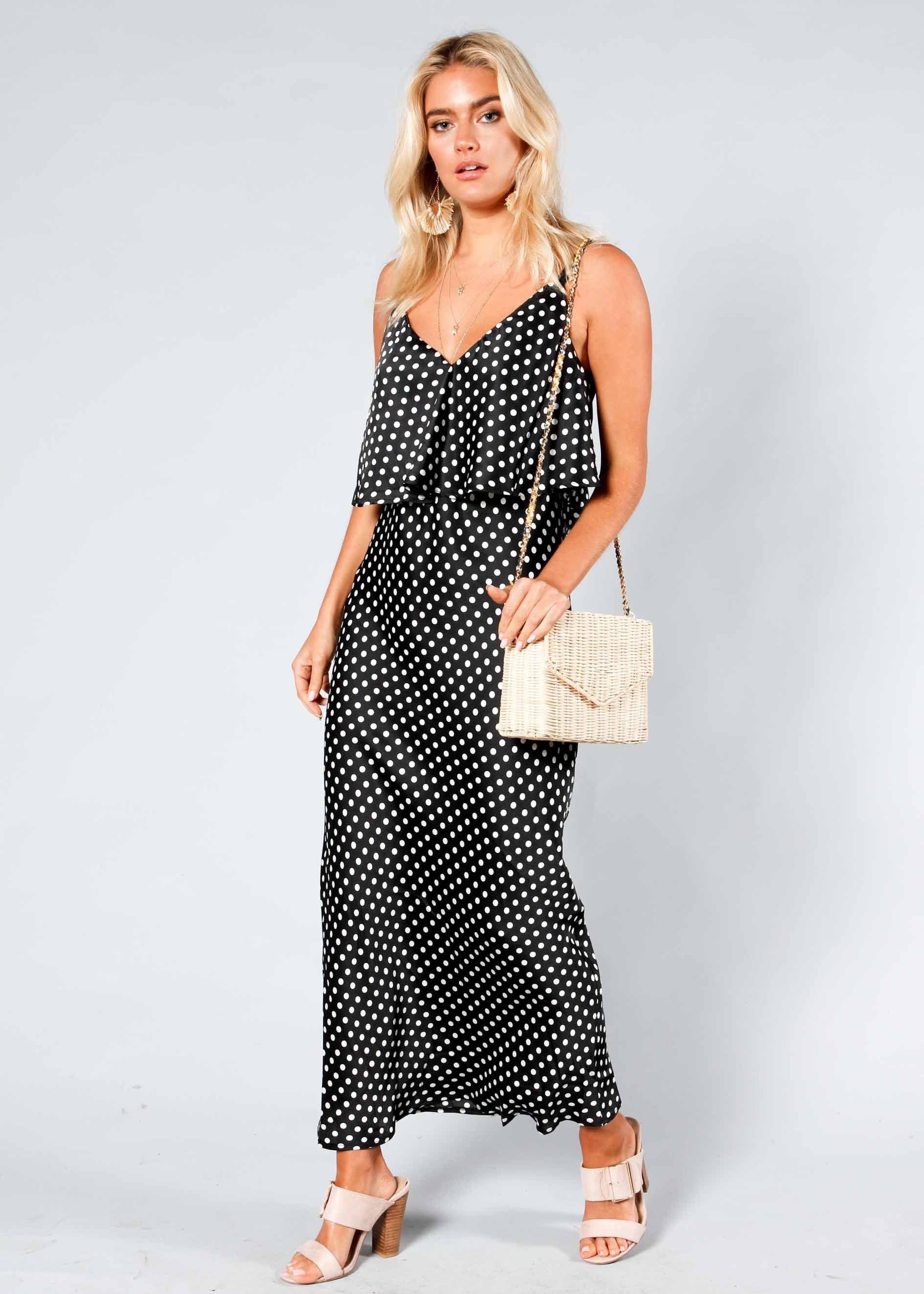 Play Date Slip Midi Dress - Black Polka