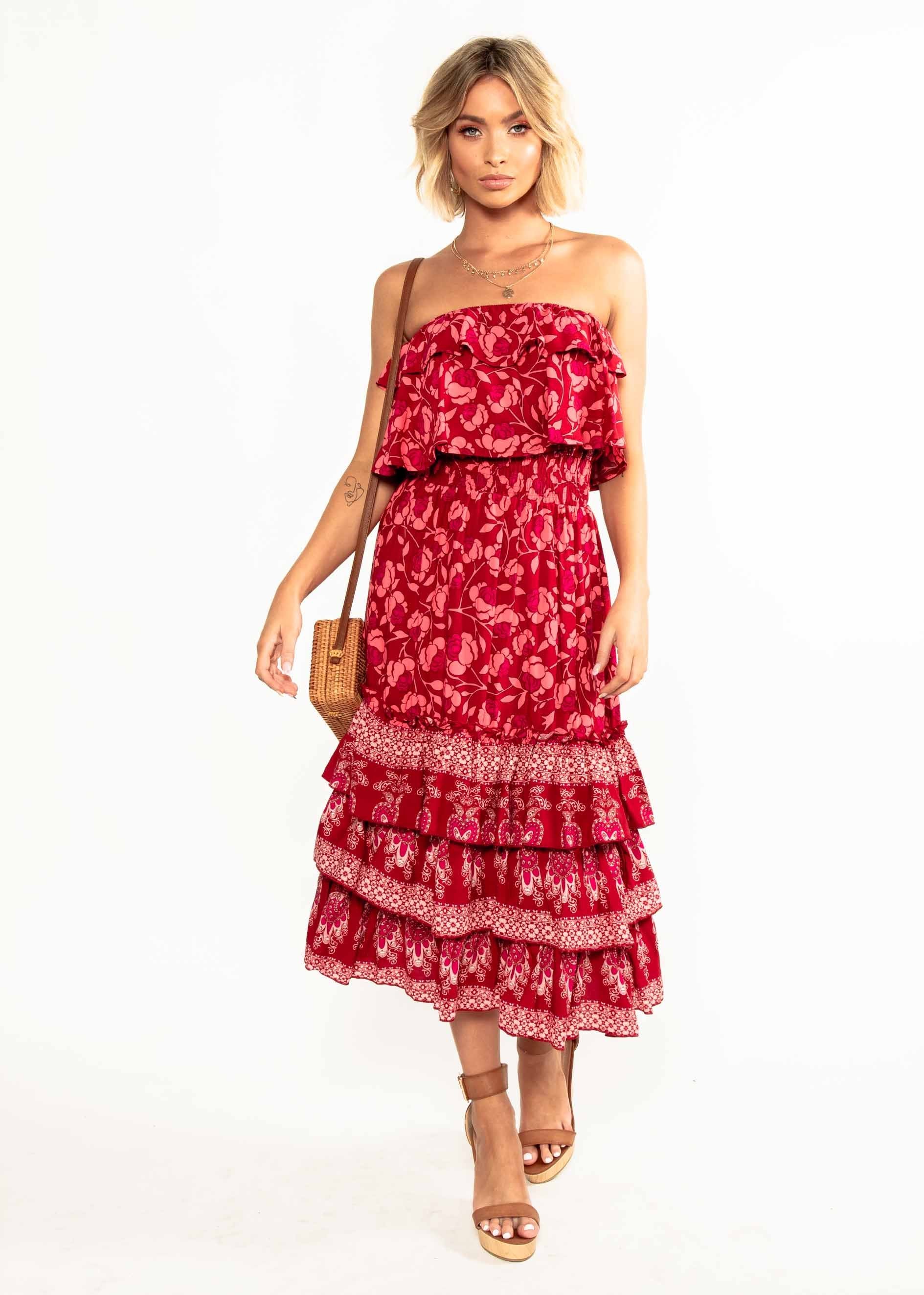 Simona Strapless Midi Dress - Crimson Floral