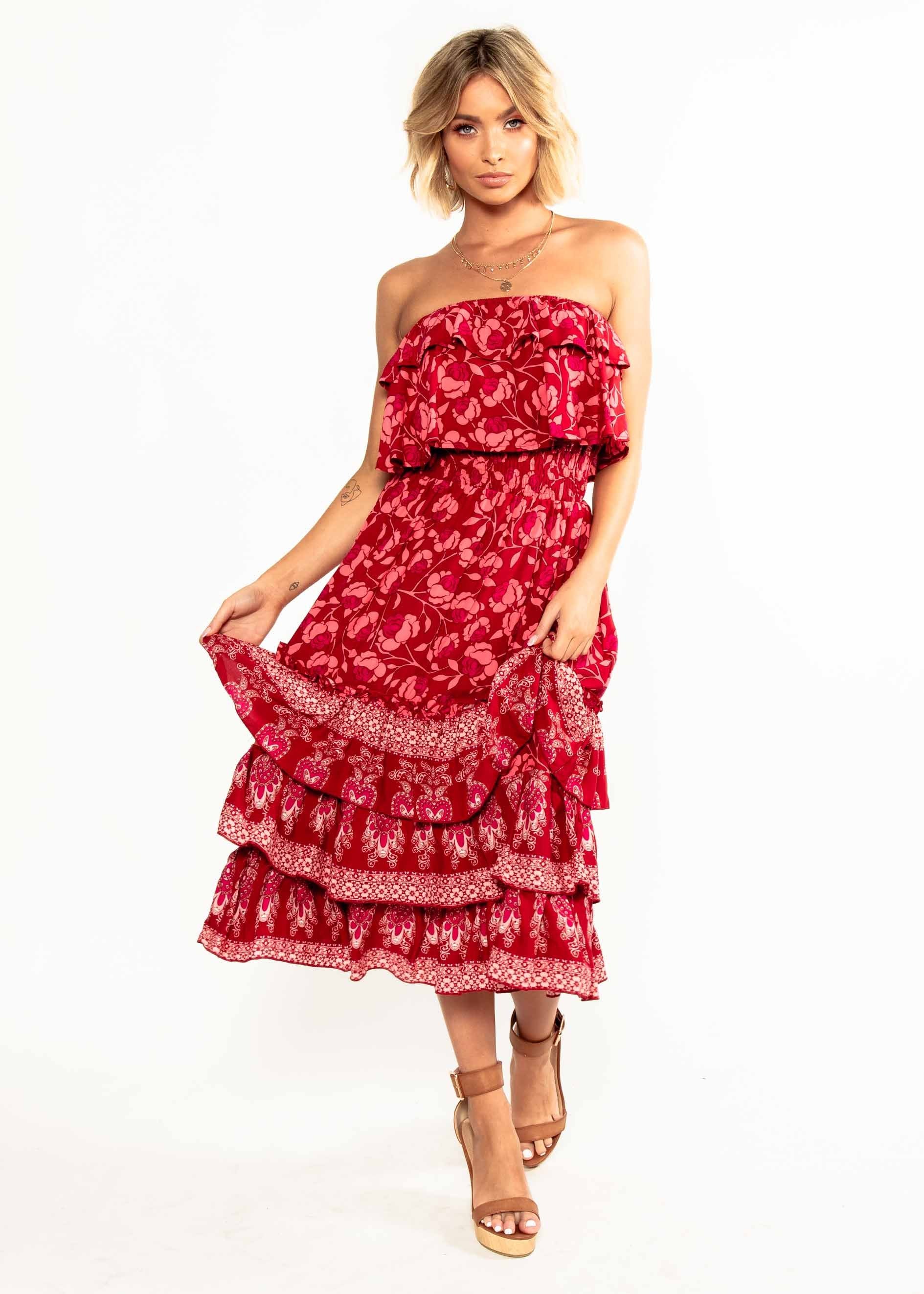 Simona Strapless Midi Dress - Crimson Floral