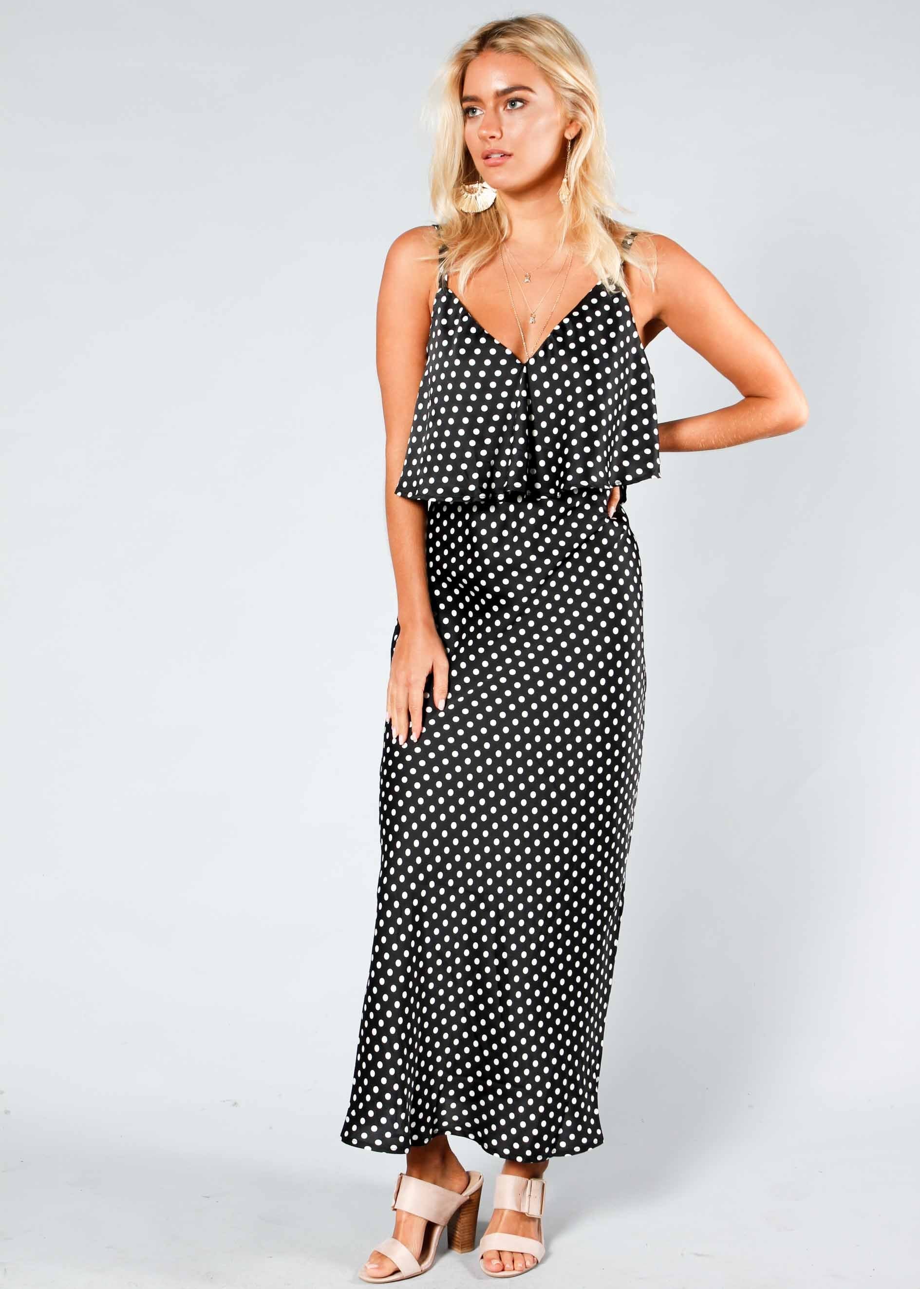 Play Date Slip Midi Dress - Black Polka