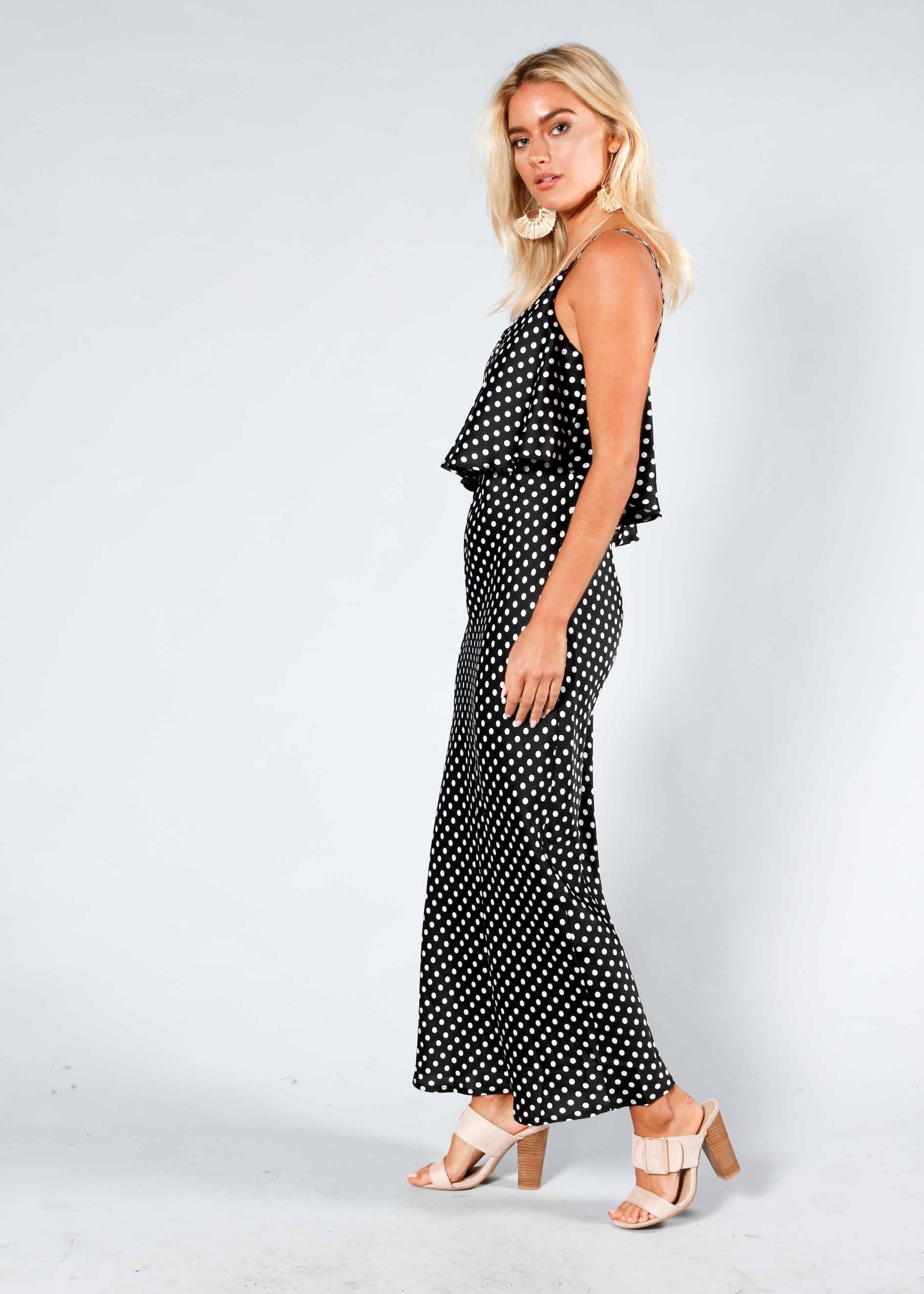 Play Date Slip Midi Dress - Black Polka