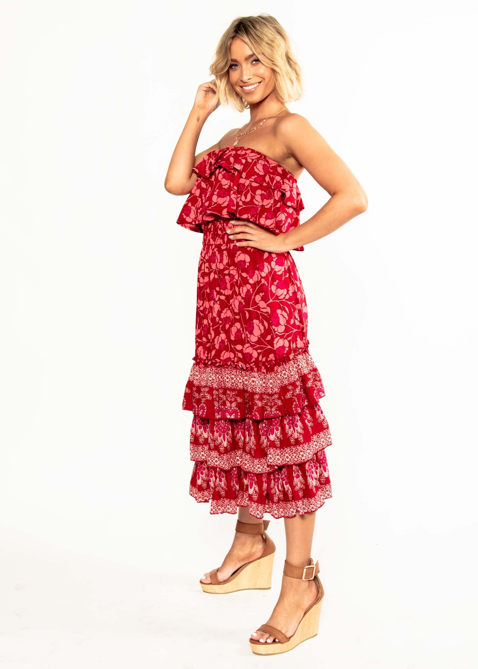 Simona Strapless Midi Dress - Crimson Floral