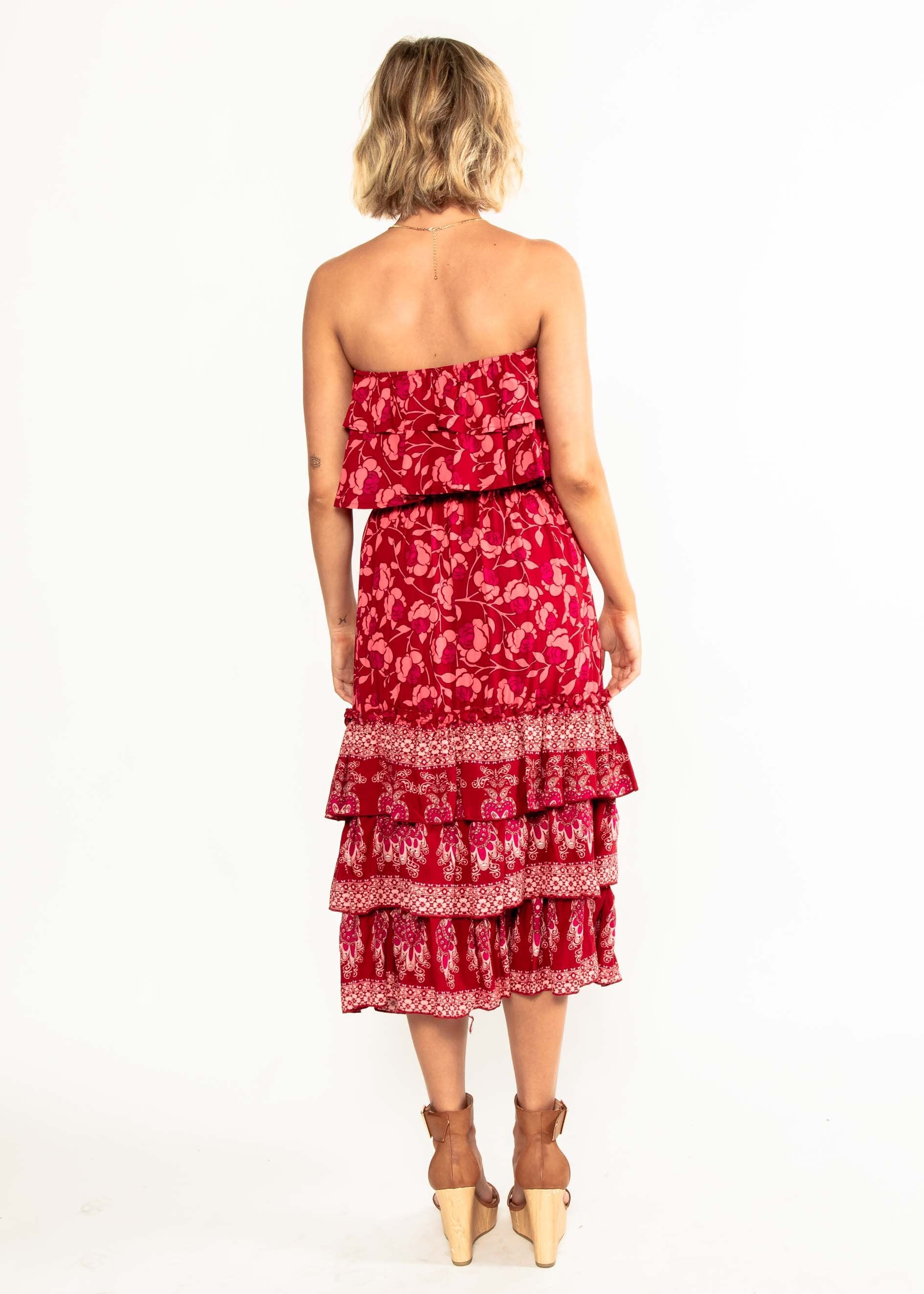 Simona Strapless Midi Dress - Crimson Floral